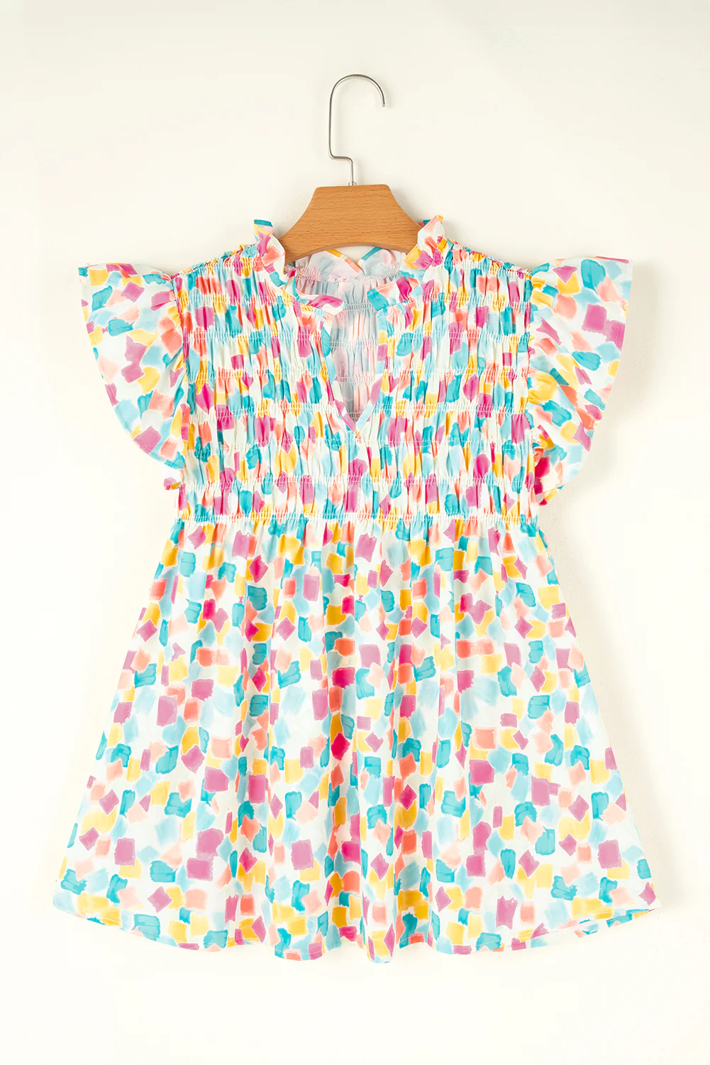 Shirred Yoke Ruffled Abstract Printed Blouse