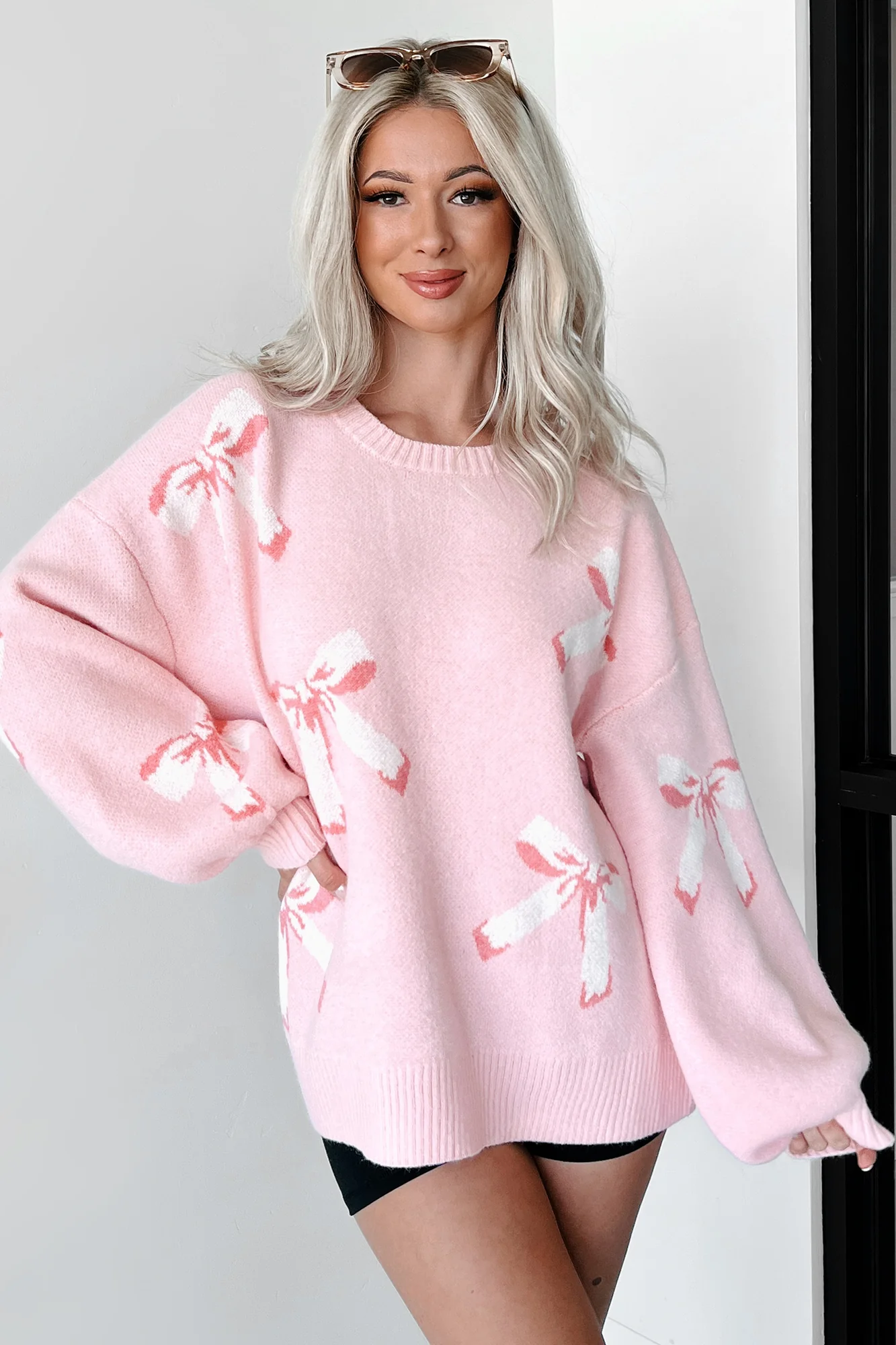 Cherished Moment Bow Print Sweater (Light Pink)