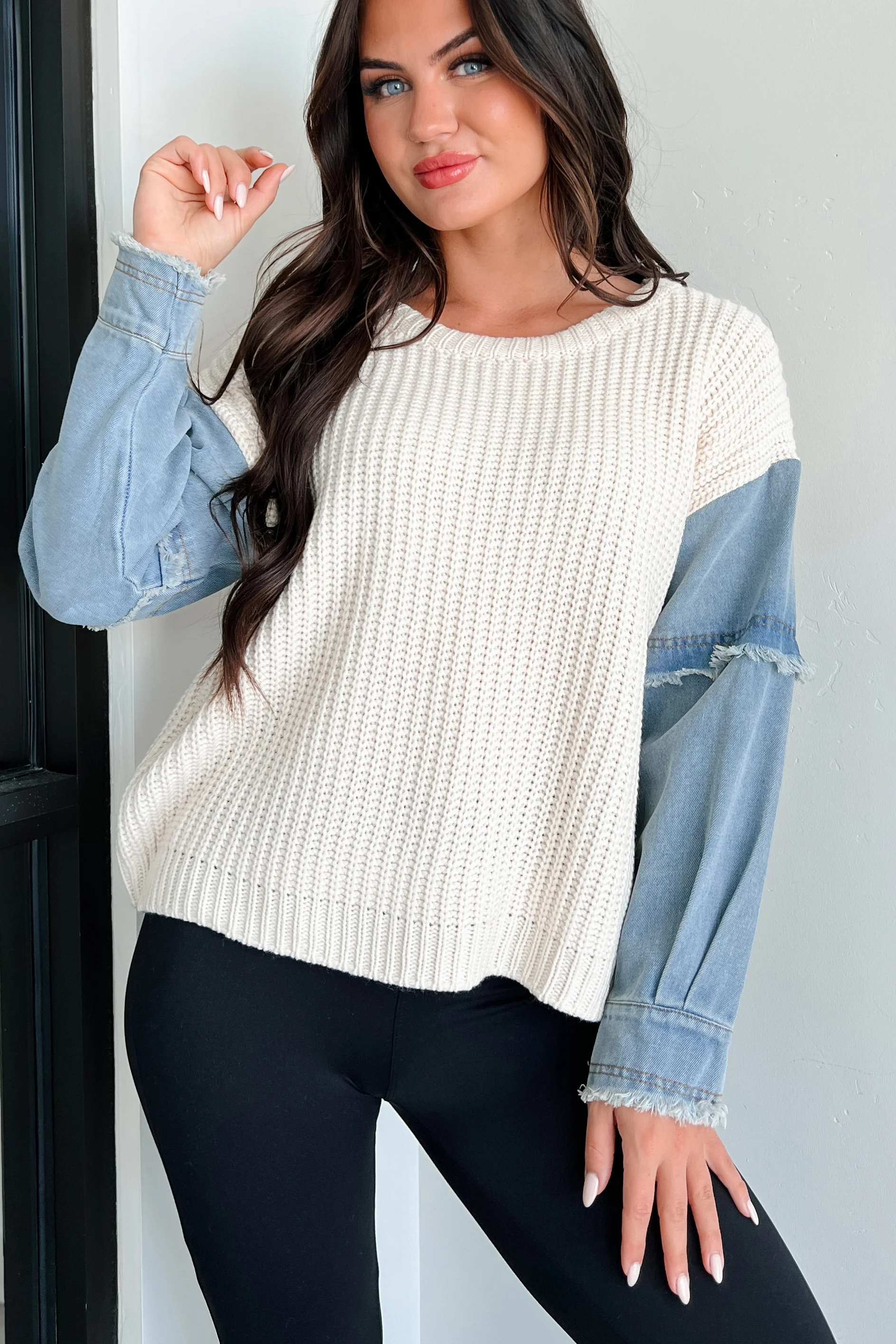 New Wave Fashion Denim Sleeve Sweater (Natural/Denim)