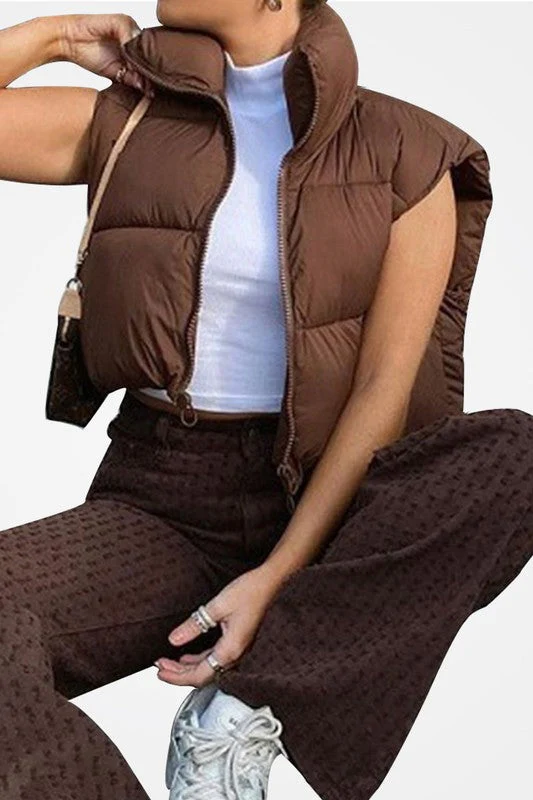 Cropped Puffer Vest - Chocolate