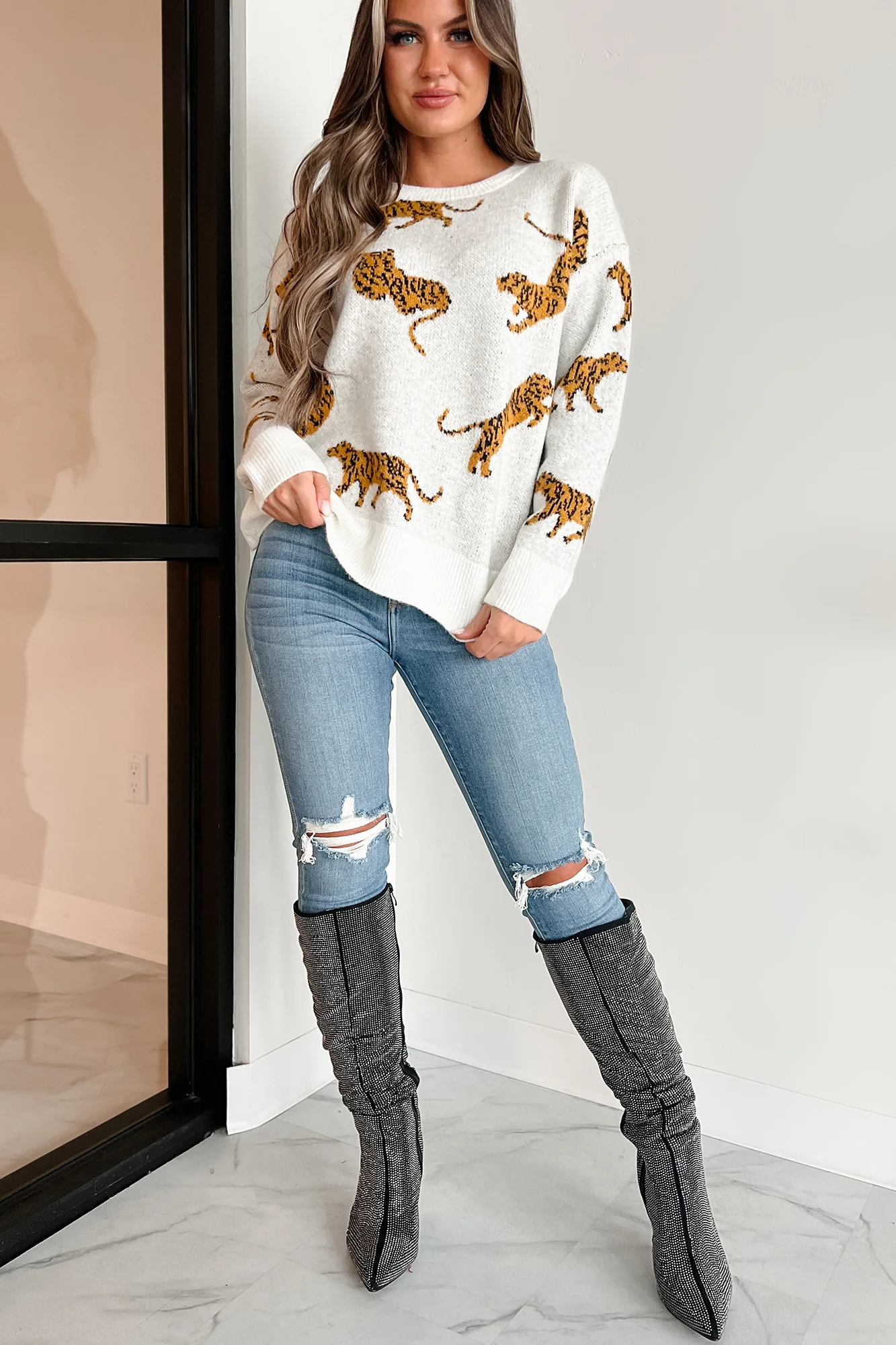 Bad Cattitude Tiger Print Sweater (Ivory)
