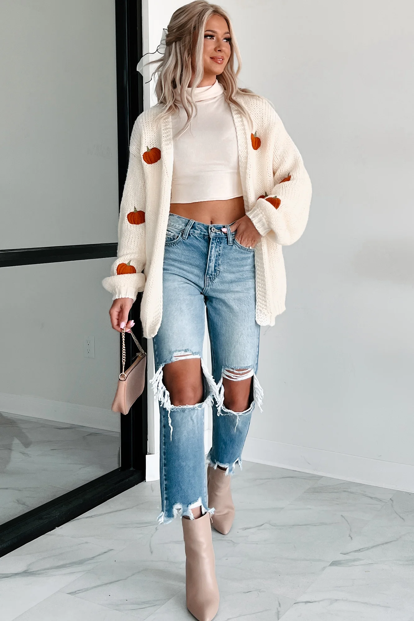 First Signs Of Fall Pumpkin Embroidered Cardigan (Ivory)