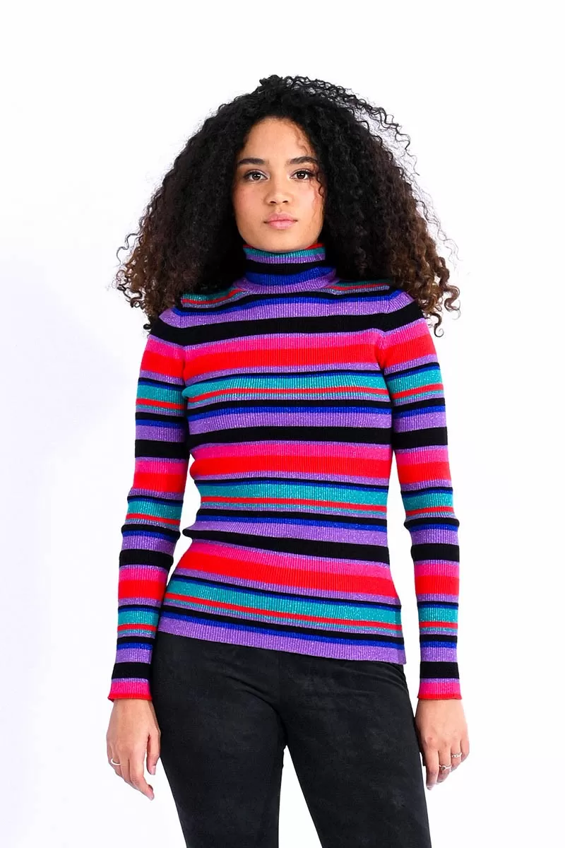 Metallic Stripe Turtleneck Sweater