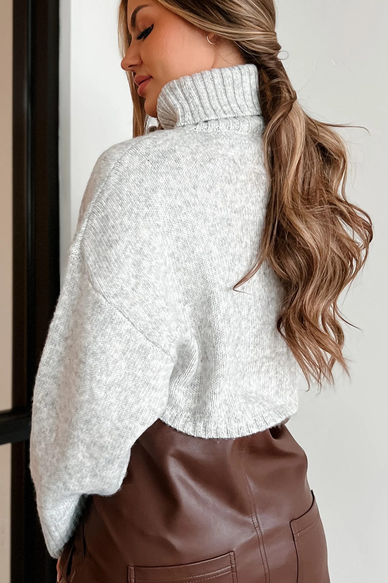 Waiting For Snow Turtleneck Crop Sweater (Marled Grey)