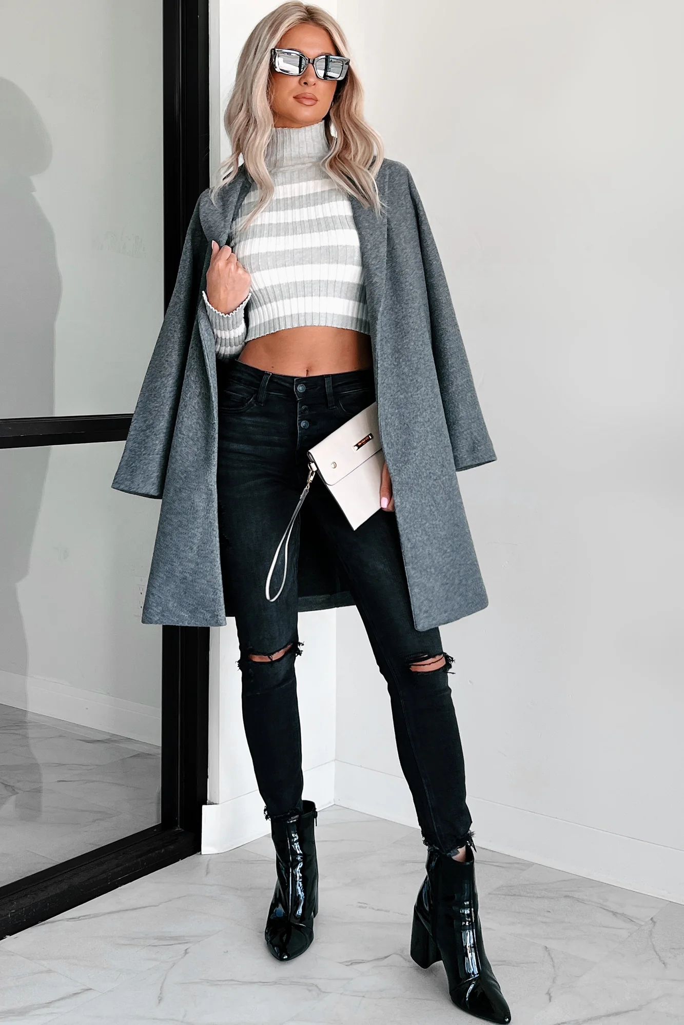 I'm In Your Head Striped Turtleneck Top (Heather Gray)