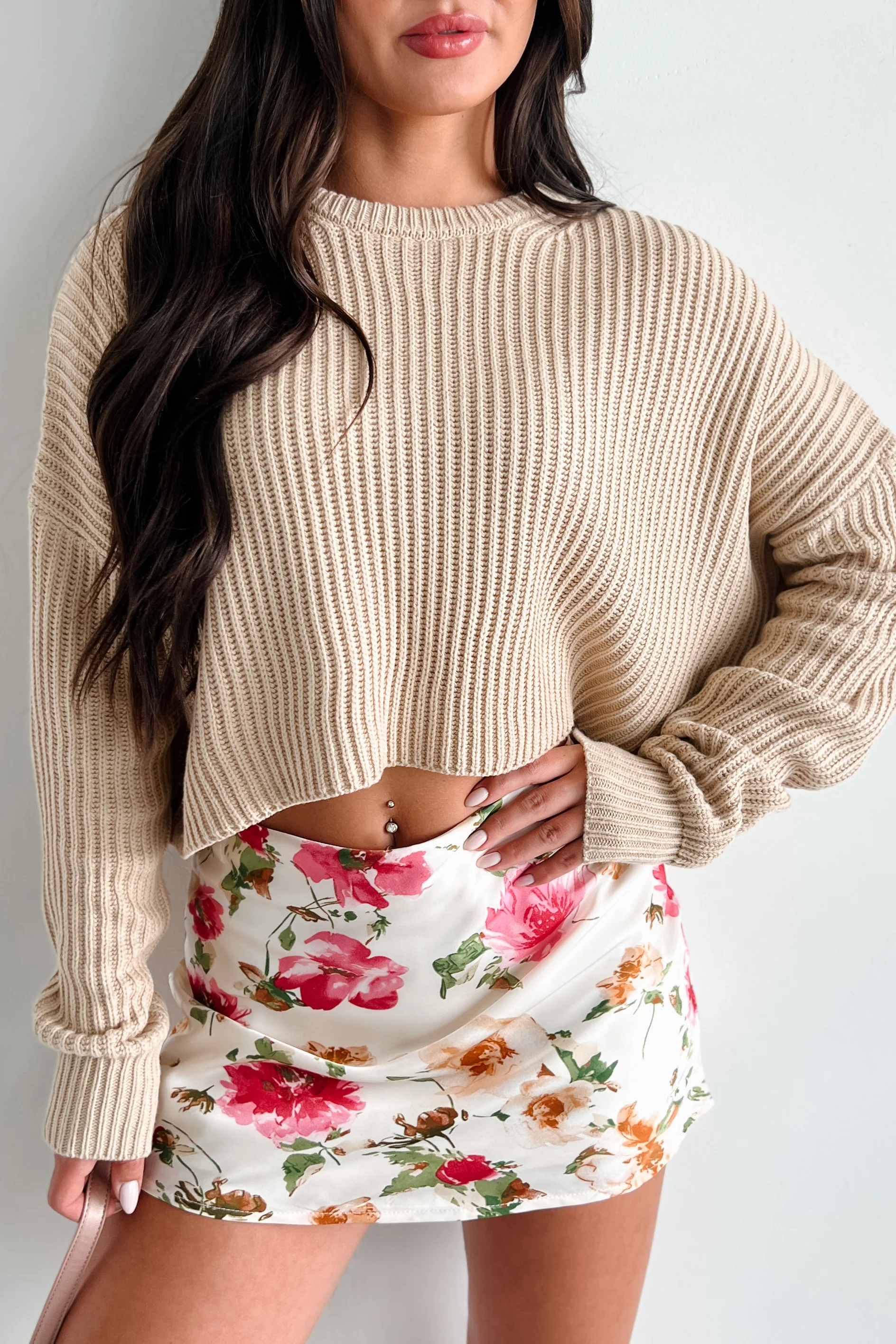 Coziest Memories Crewneck Crop Sweater (Taupe)