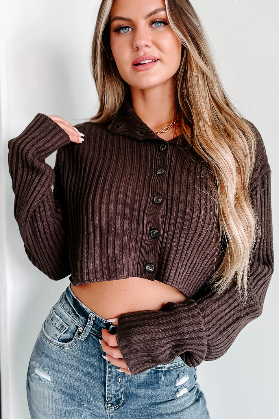 Ester Button-Up Cropped Sweater (Dark Chocolate)