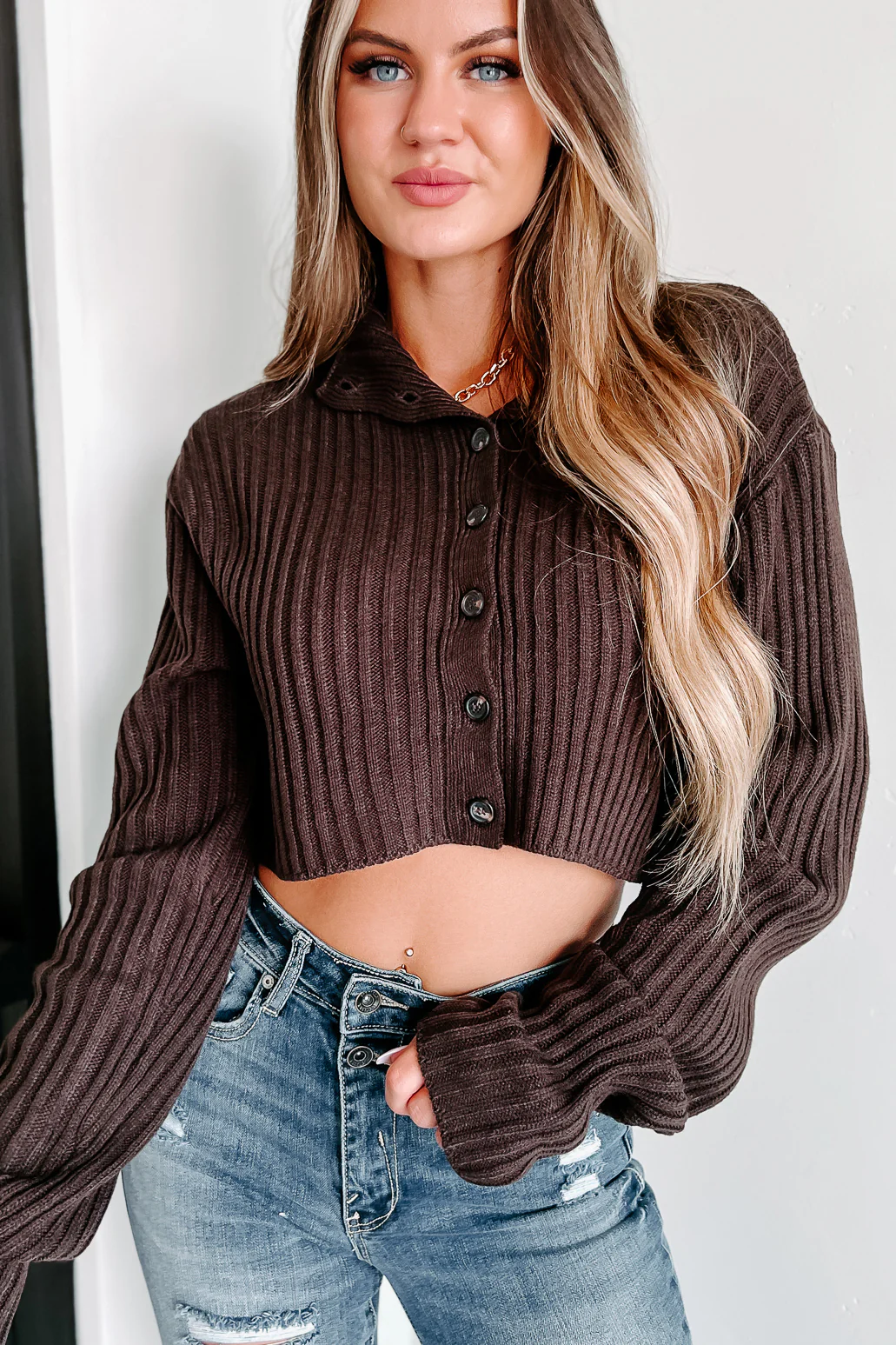 Ester Button-Up Cropped Sweater (Dark Chocolate)