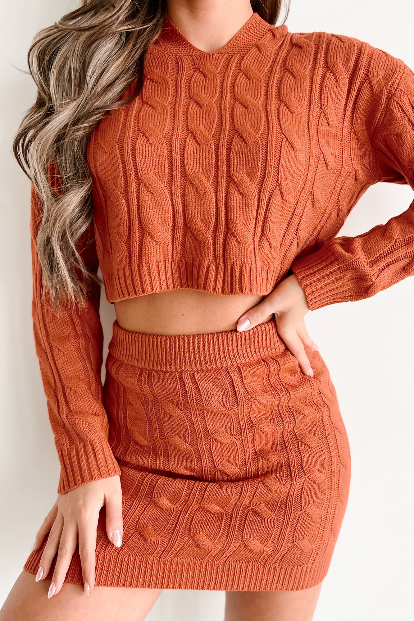 Playing It Cozy Cable Knit Two-Piece Skirt Set (Rust)