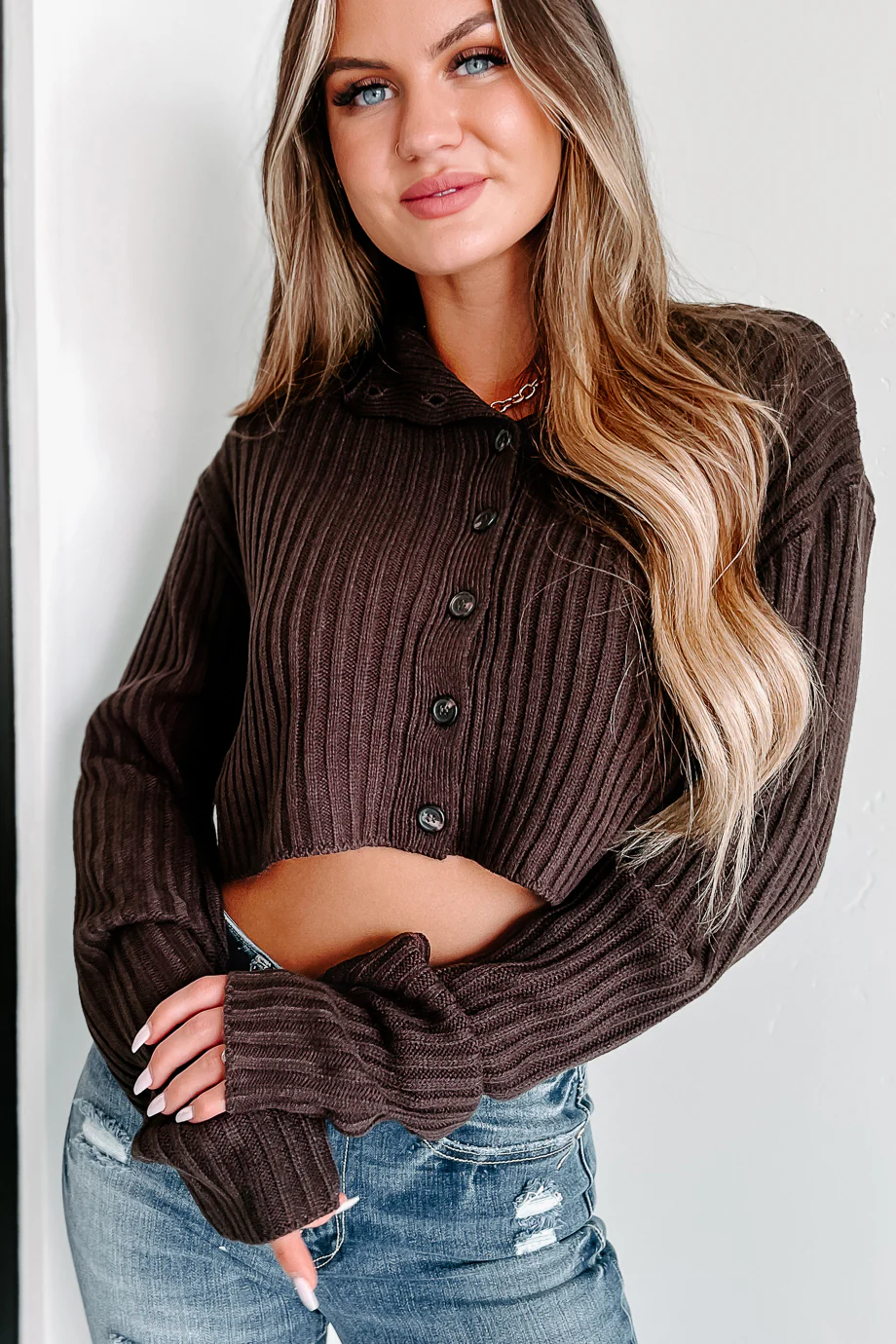 Ester Button-Up Cropped Sweater (Dark Chocolate)