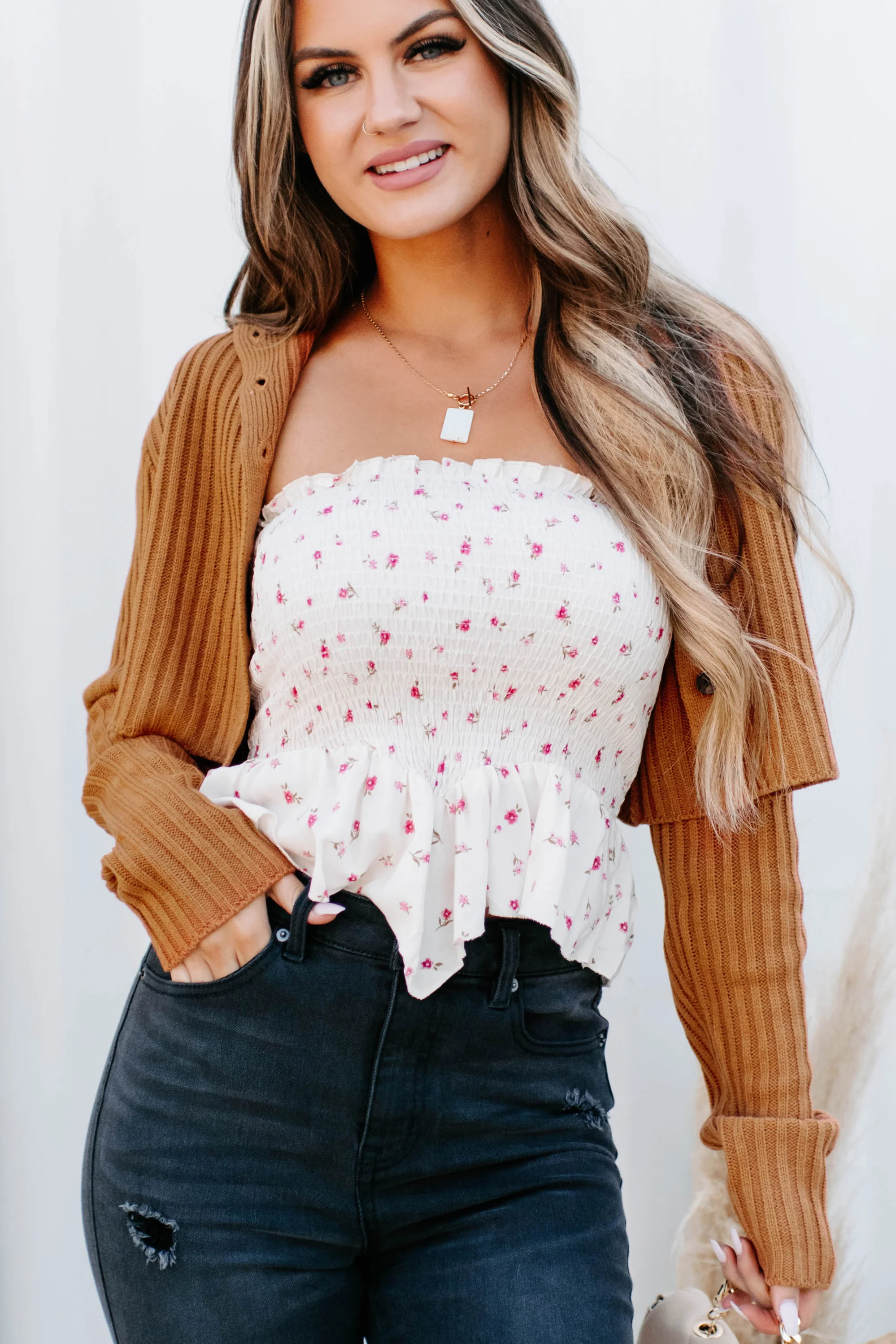 Ester Button-Up Cropped Sweater (Rust)