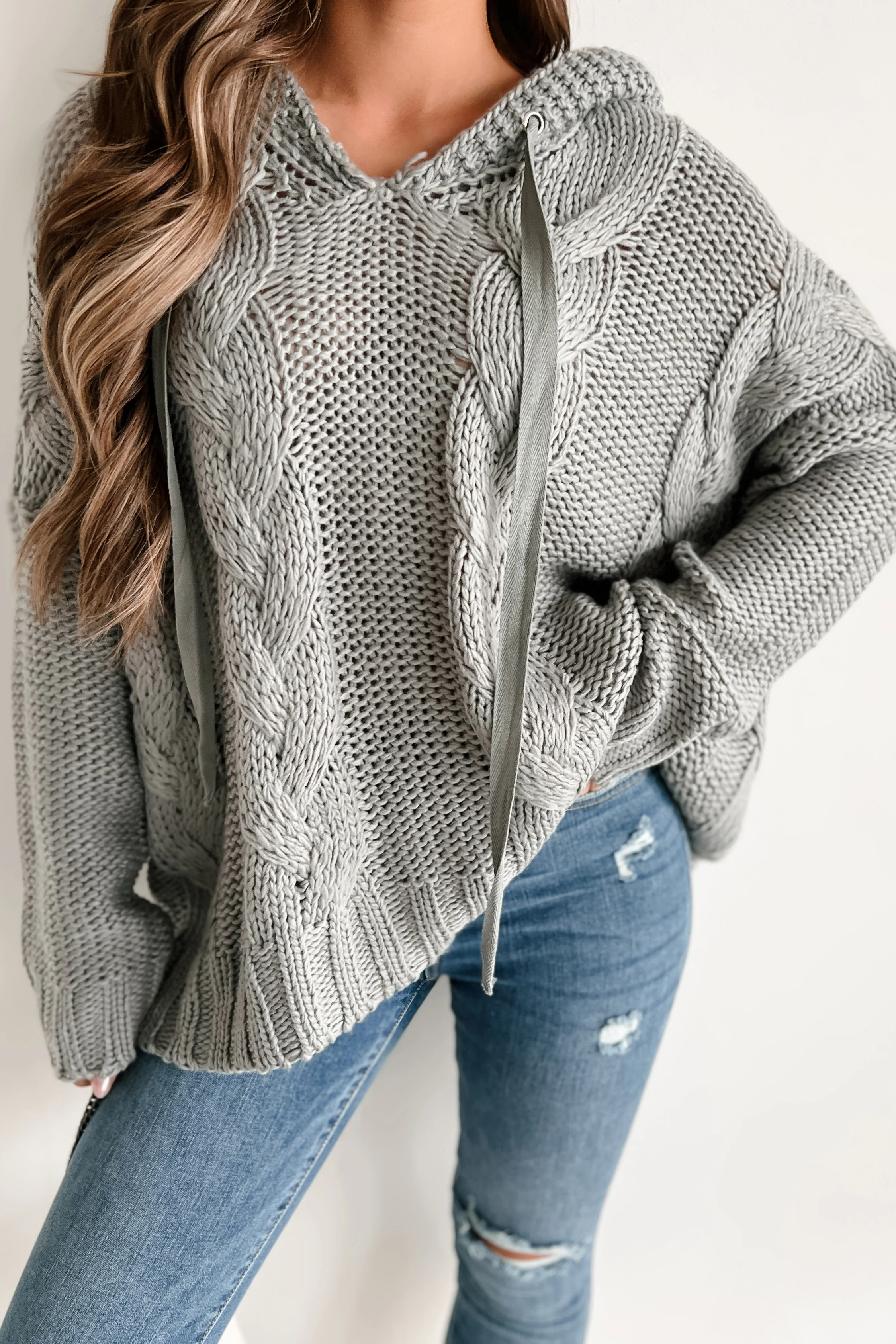 Creating Something New Cable Knit Sweater Hoodie (Grey)