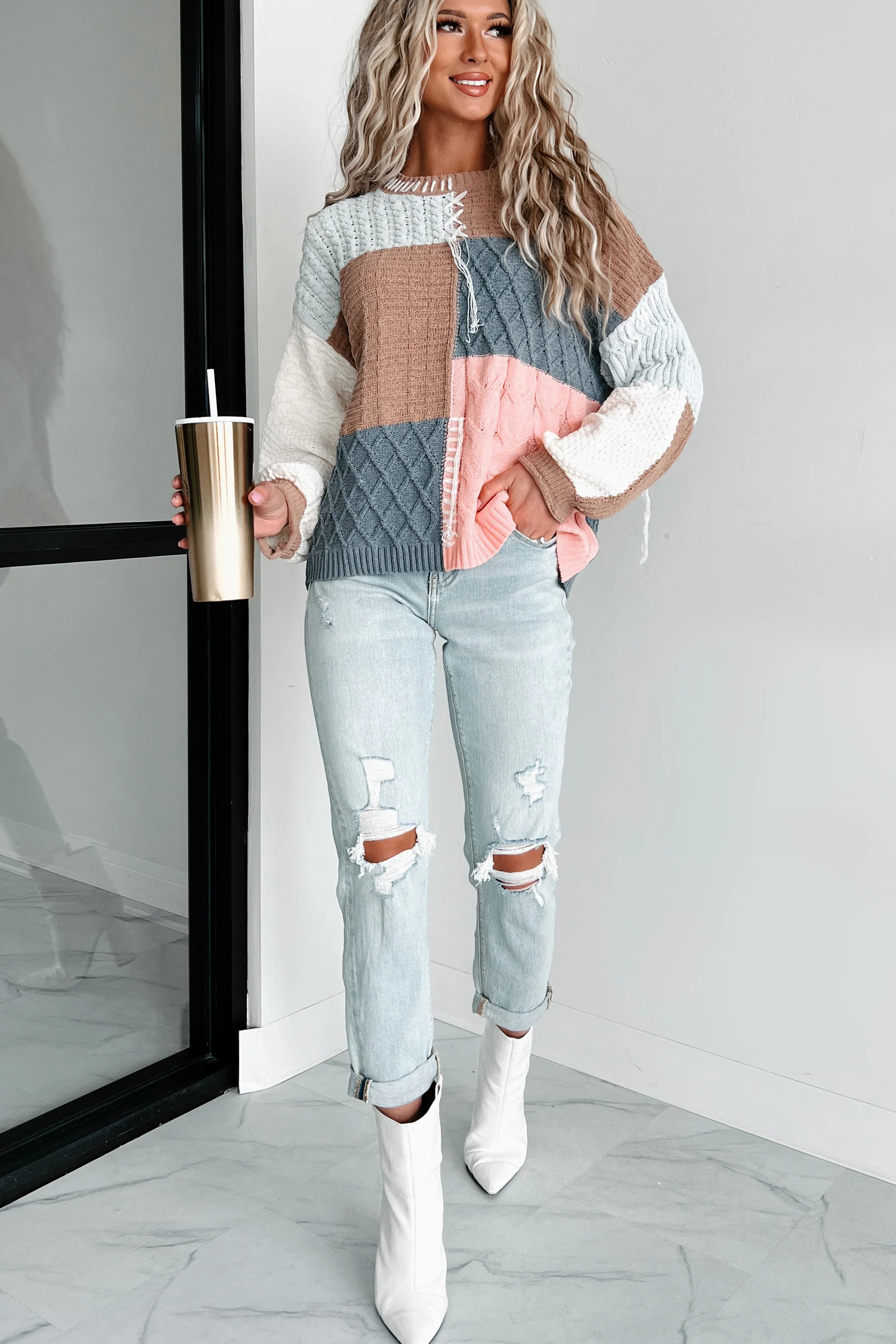 Giana Patchwork Sweater (Mocha/Sky/Multi)