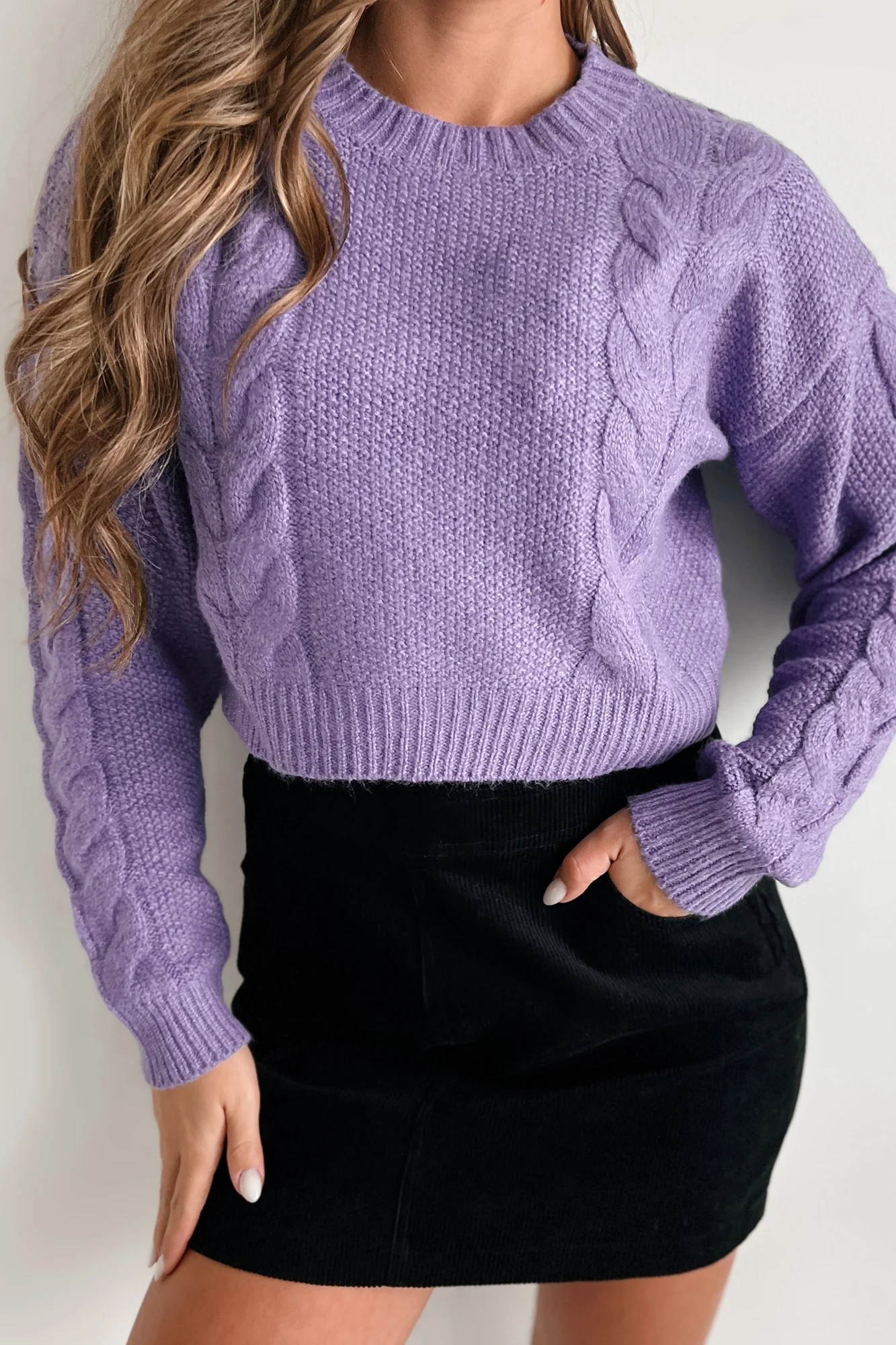 Learned My Lesson Cable Knit Crop Sweater (Purple)