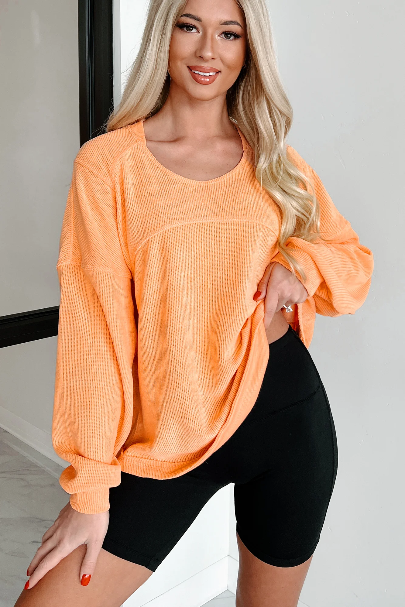 Split Second Decisions Textured Knit Long Sleeve Top (Mango)