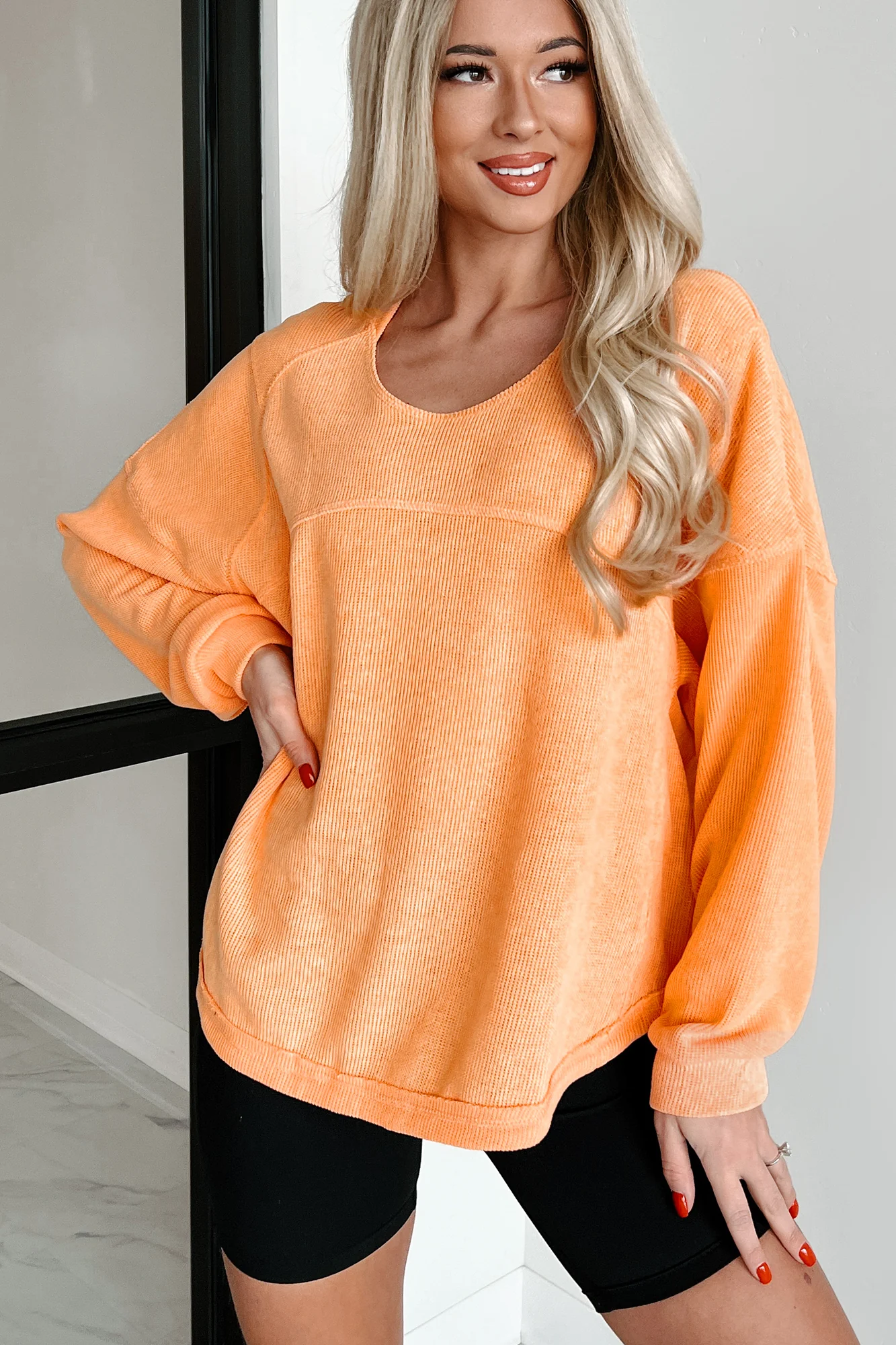 Split Second Decisions Textured Knit Long Sleeve Top (Mango)