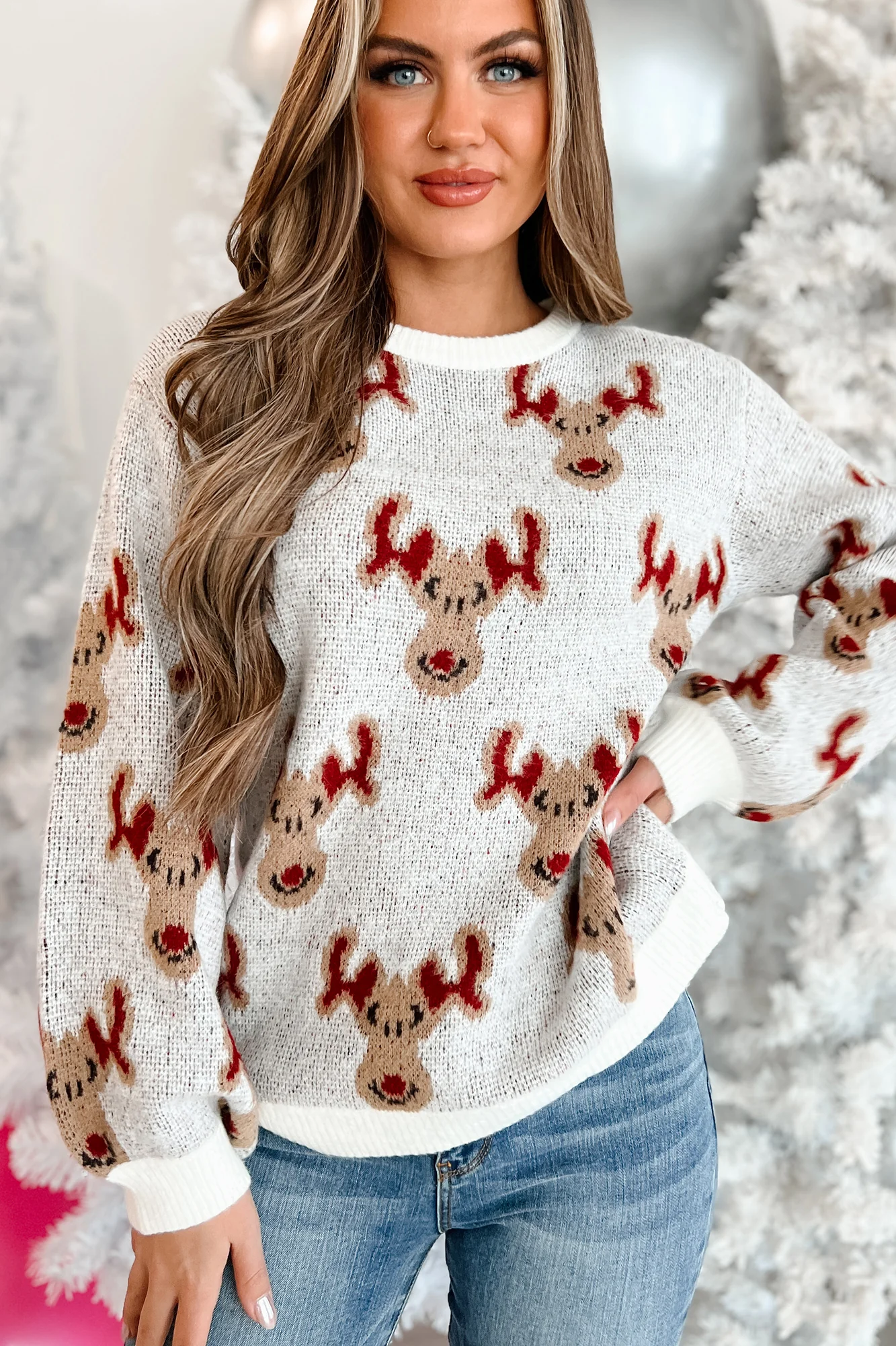 Quite Reindeering Reindeer Patterned Sweater (Ivory)