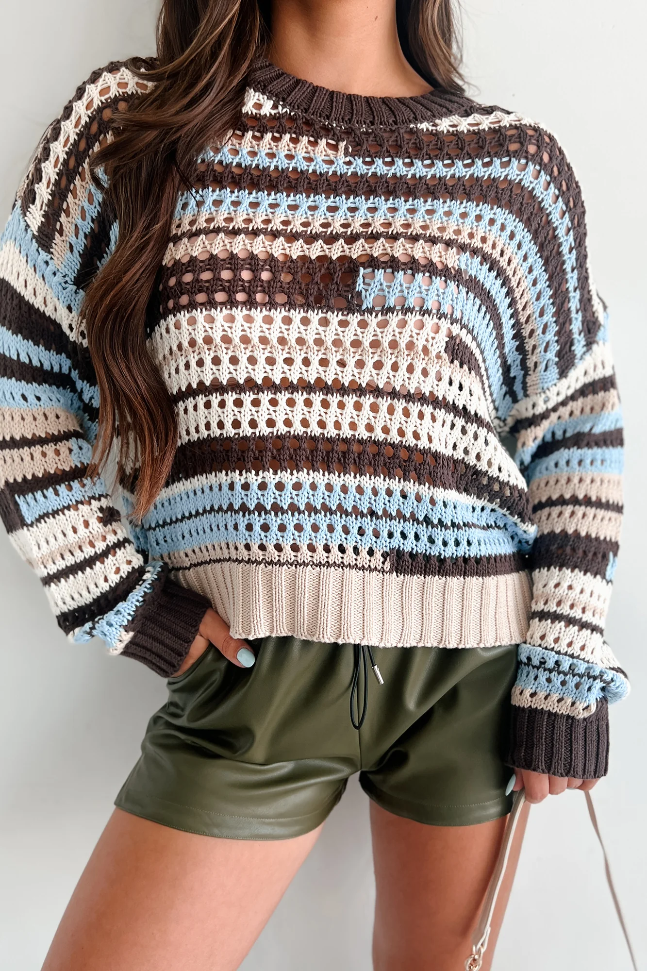 Breezy Adoration Crochet Sweater Top (Taupe/Multi)