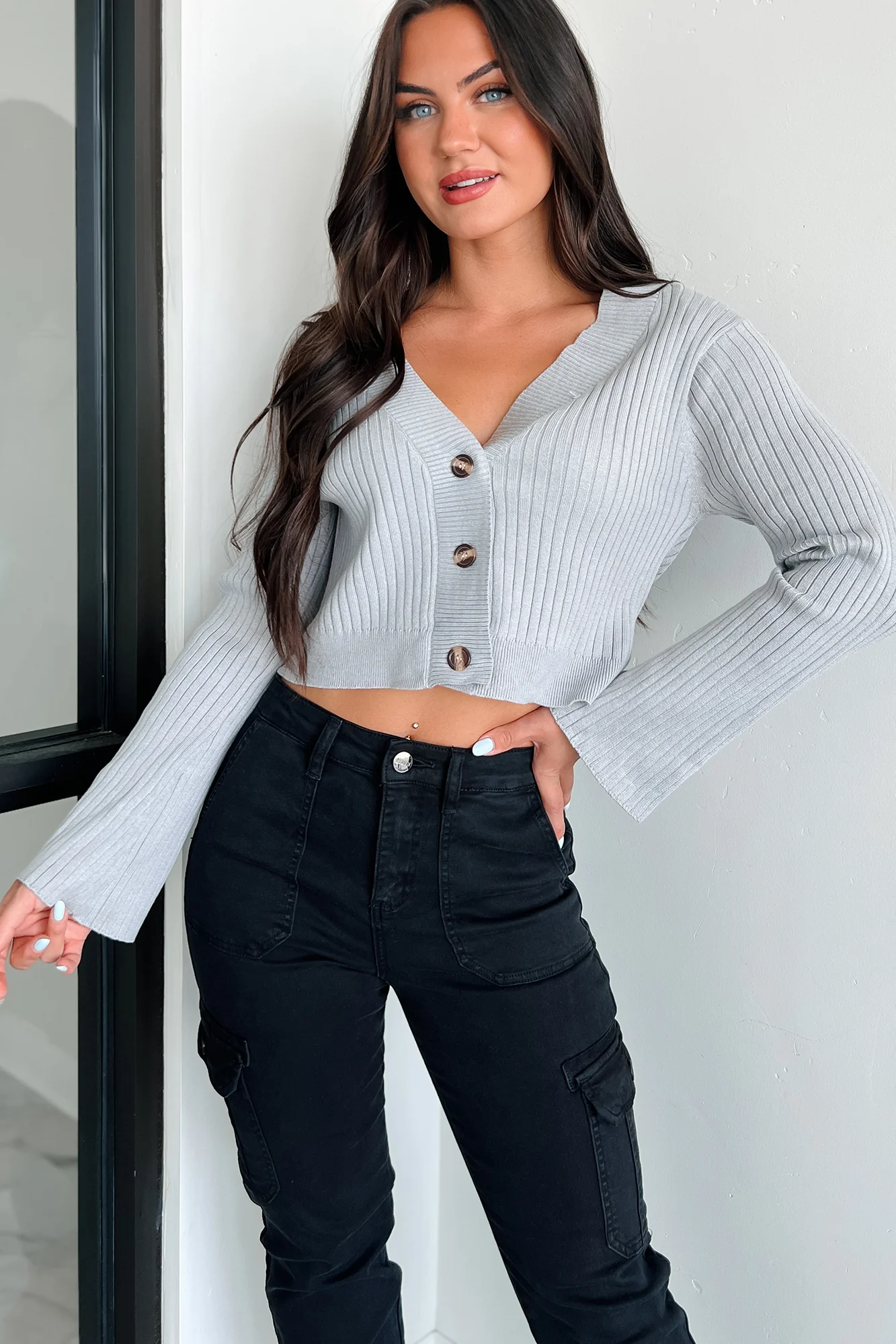 Saskia Button Down Sweater Top (Light Grey)