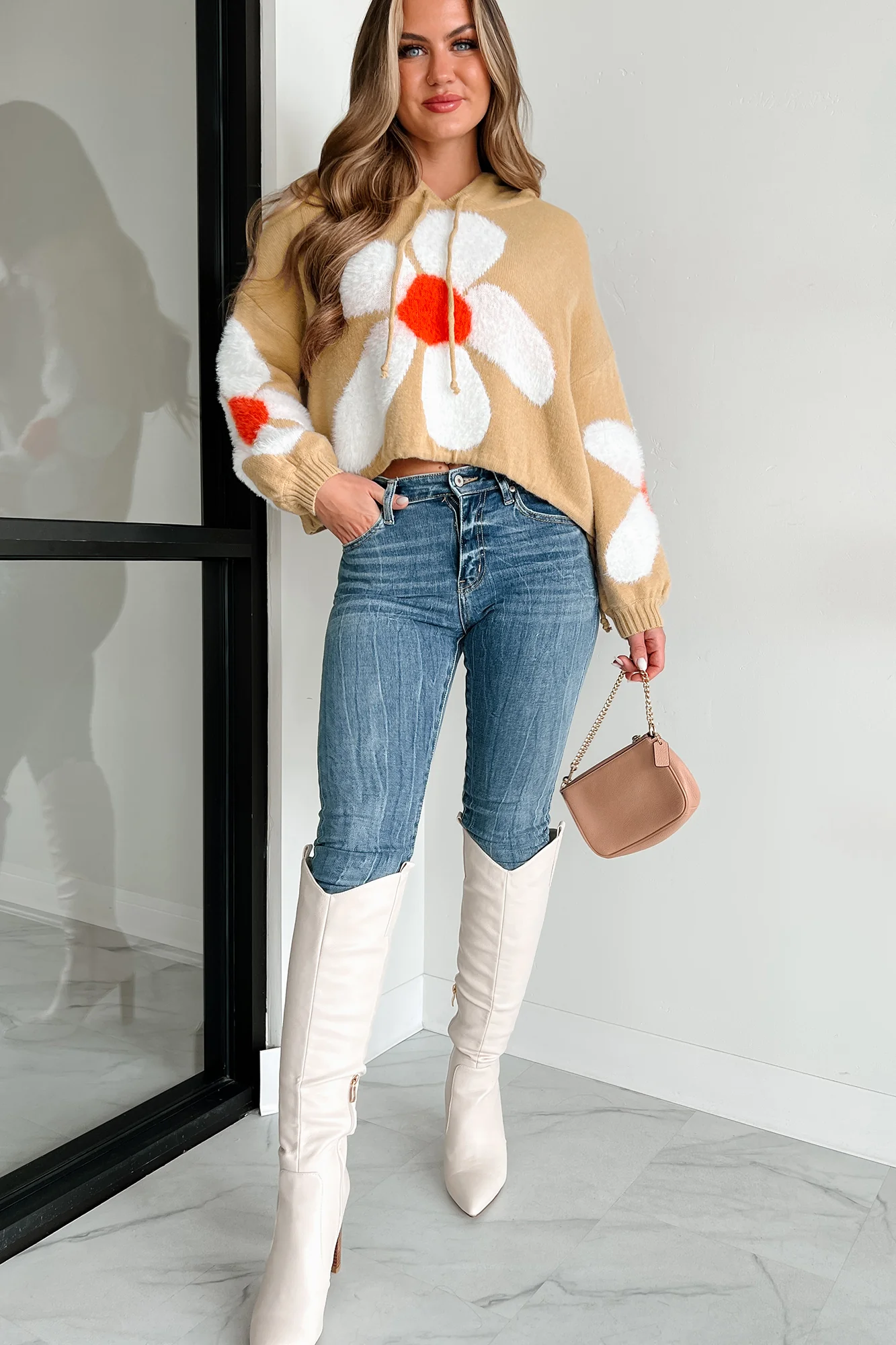 Beauty In Simplicity Floral Drawstring Hem Hoodie (Mocha/Ivory)