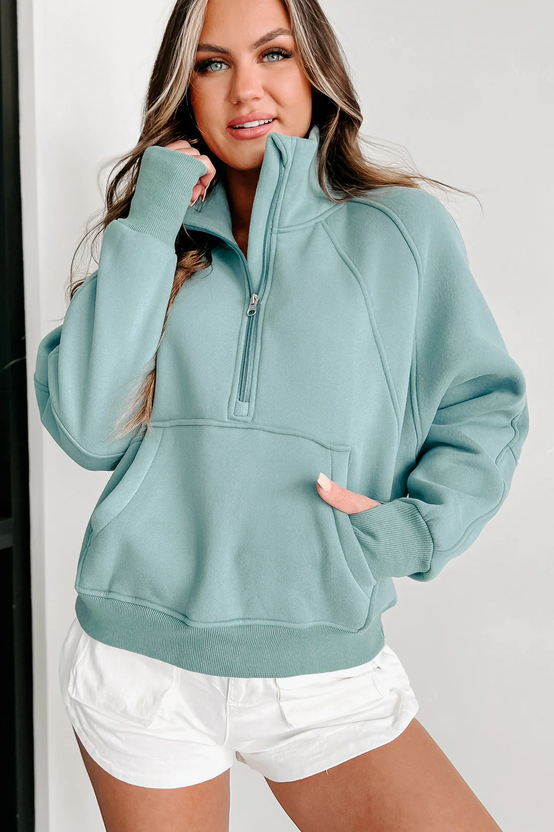 New Obsession Fleece-Lined Half-Zip Scuba Pullover (Mint Blue)