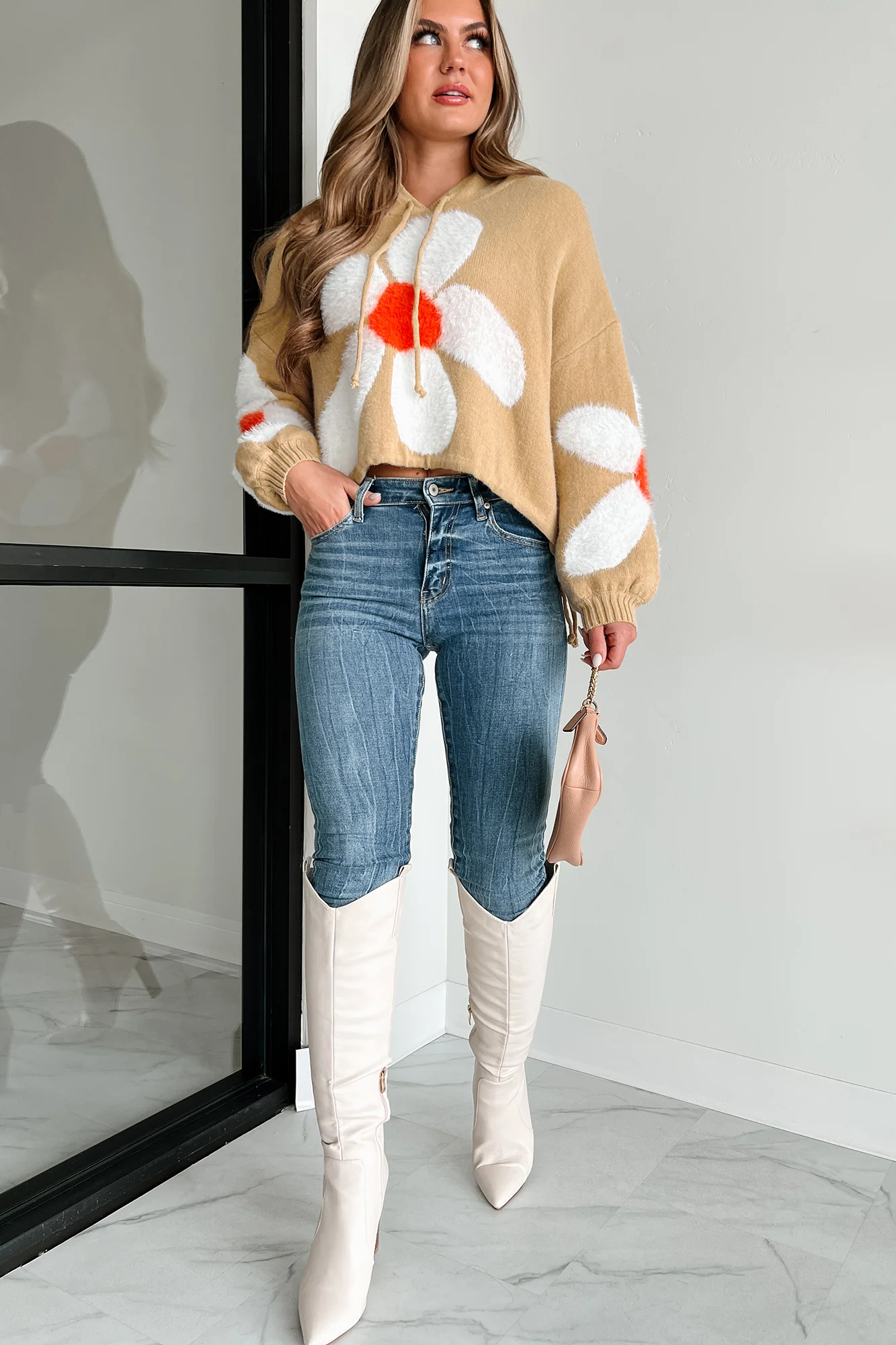 Beauty In Simplicity Floral Drawstring Hem Hoodie (Mocha/Ivory)