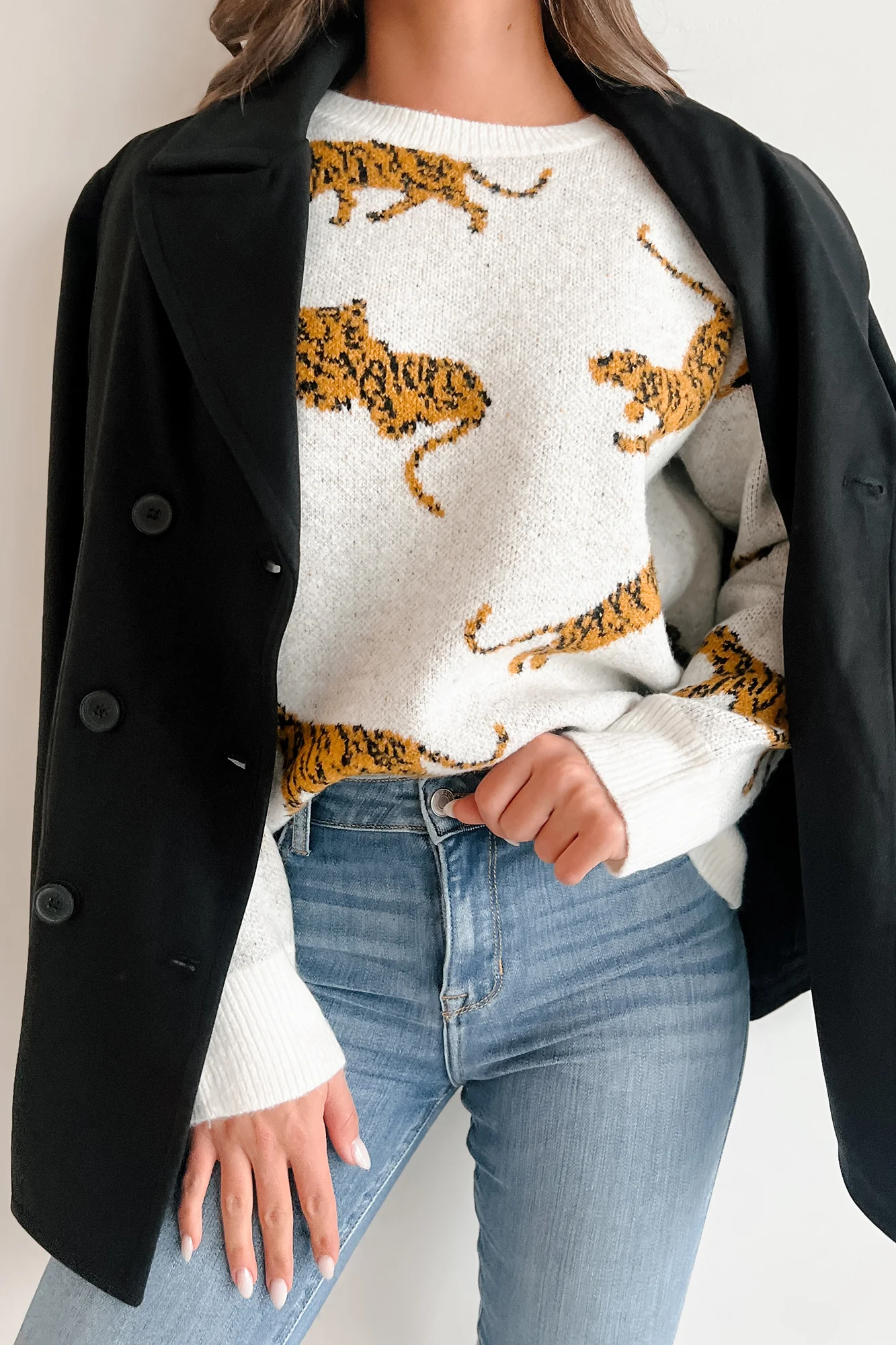 Bad Cattitude Tiger Print Sweater (Ivory)