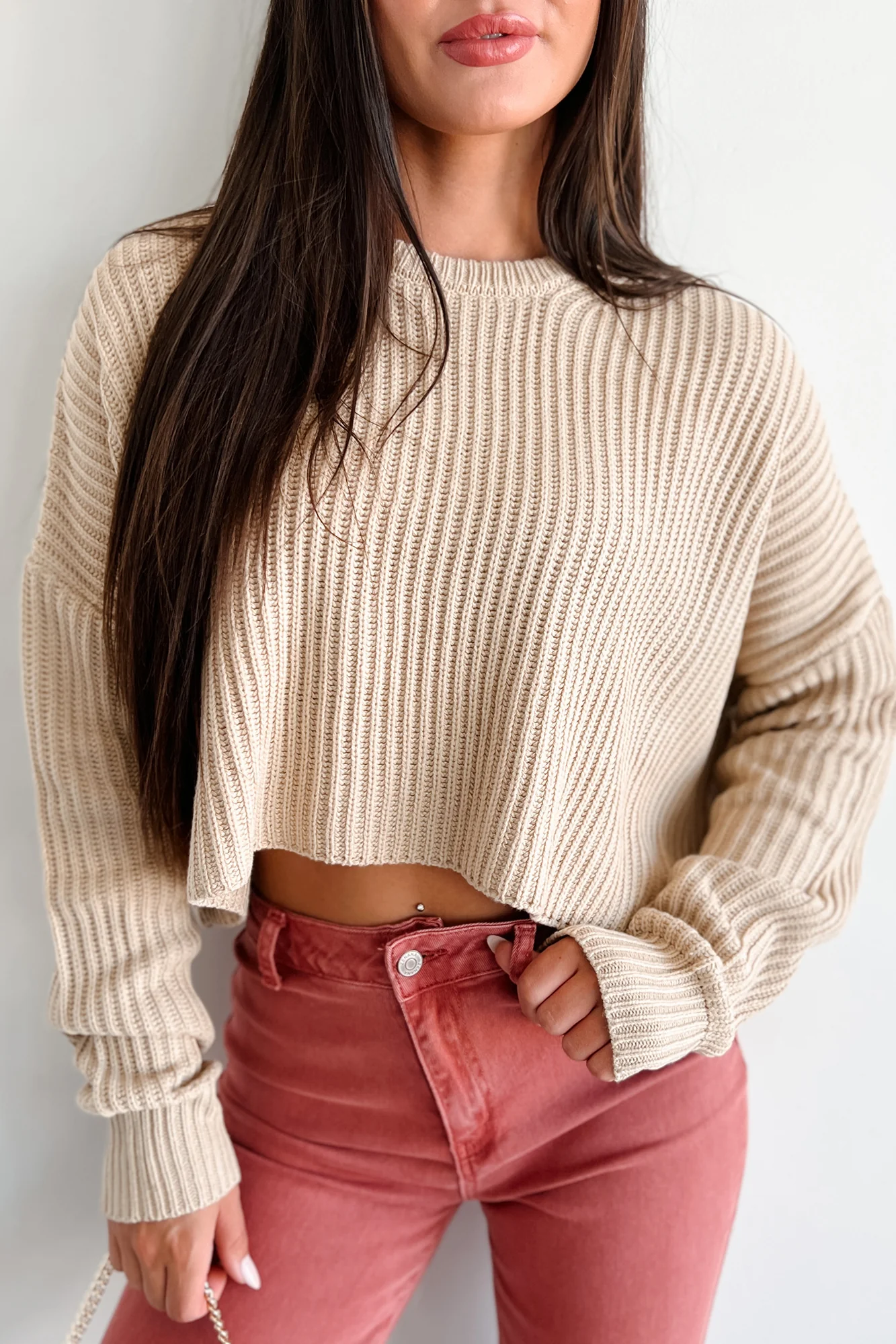 Coziest Memories Crewneck Crop Sweater (Taupe)