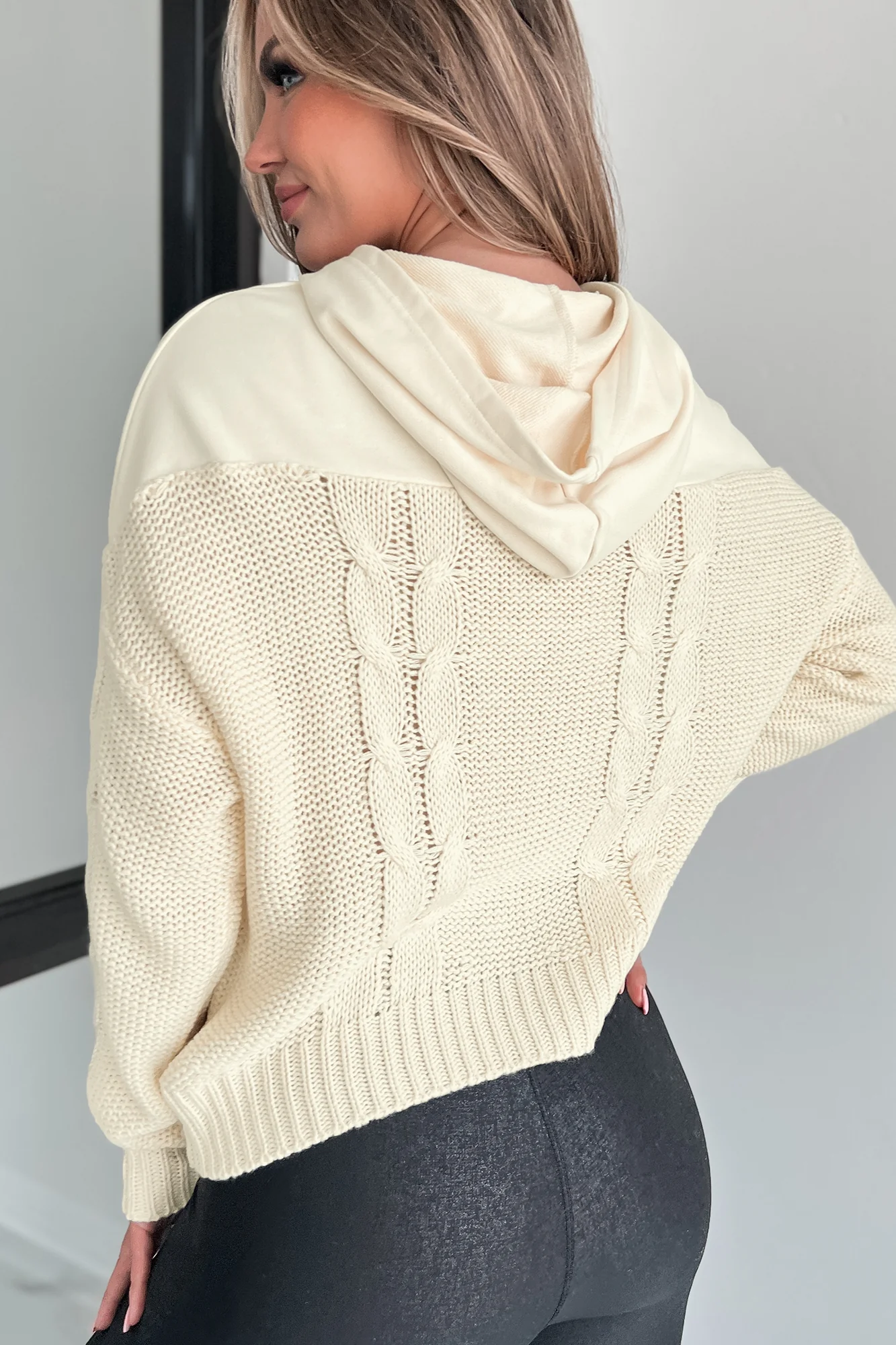 Cozy Accord Cable Knit Hoodie (Eggshell)