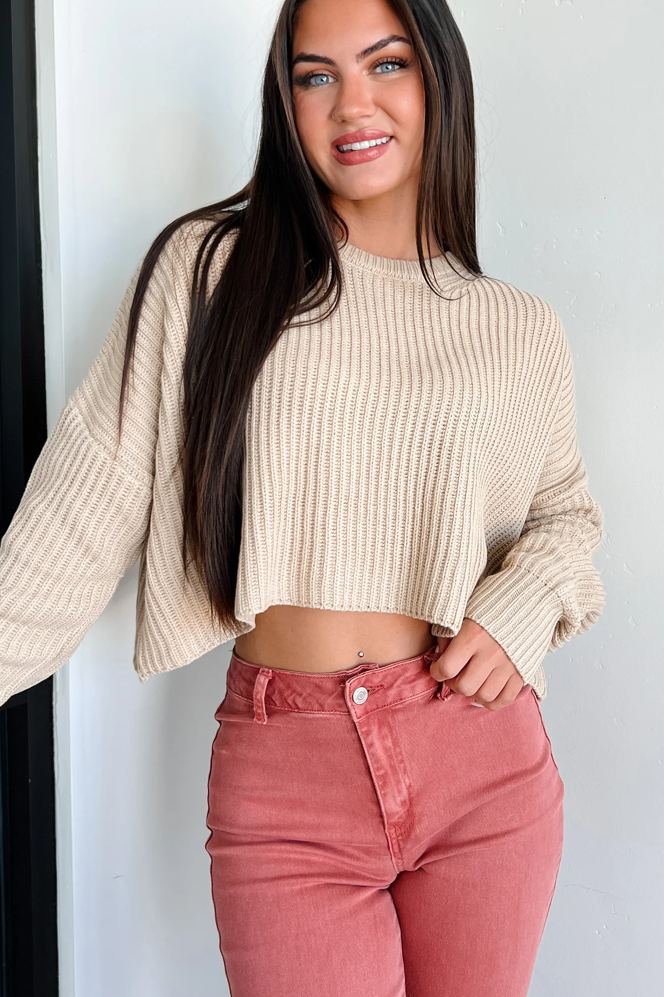 Coziest Memories Crewneck Crop Sweater (Taupe)