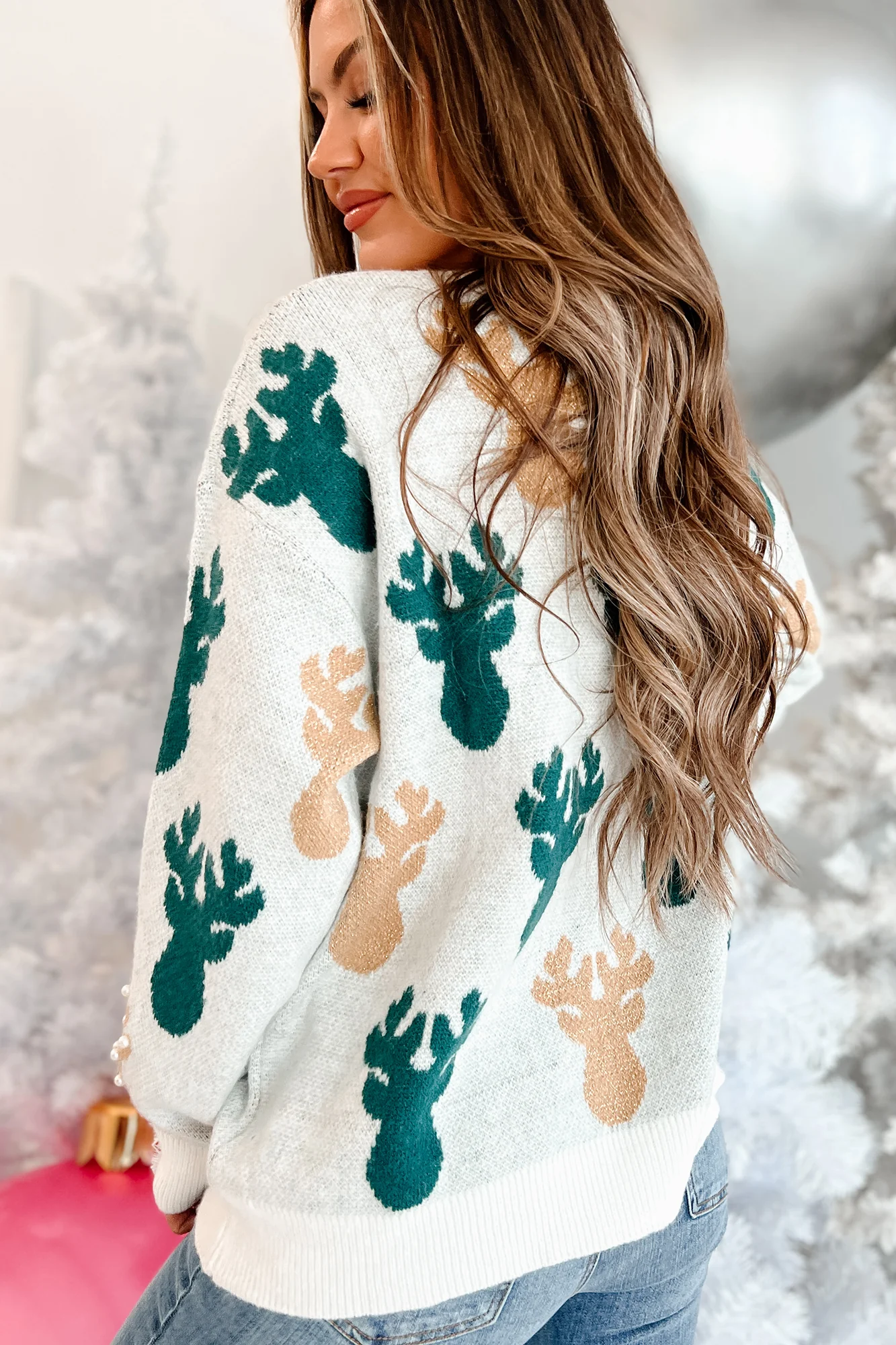 Sleighing The Game Pearl Beaded Holiday Sweater (Ivory/Hunter)
