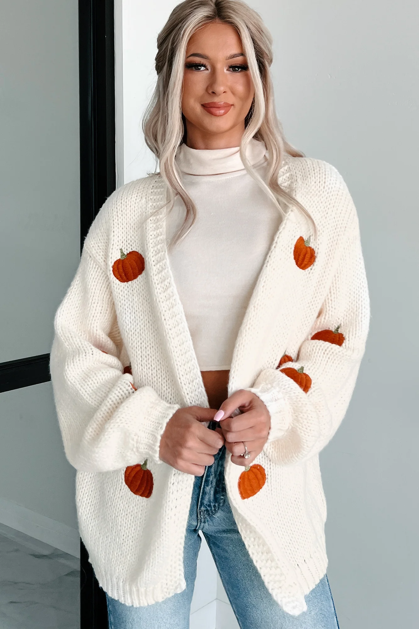 First Signs Of Fall Pumpkin Embroidered Cardigan (Ivory)