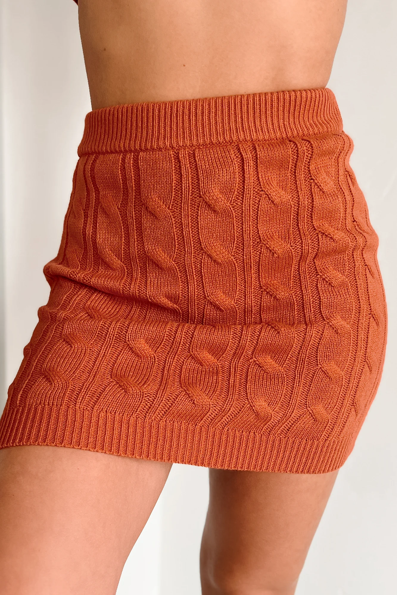 Playing It Cozy Cable Knit Two-Piece Skirt Set (Rust)