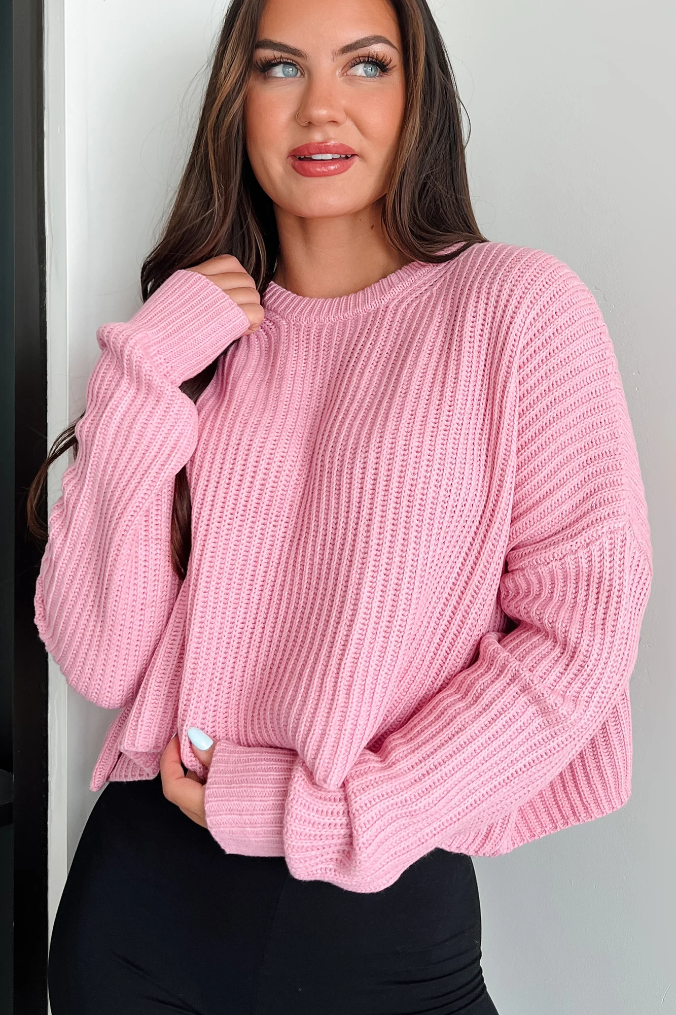 Coziest Memories Crewneck Crop Sweater (Rose Pink)
