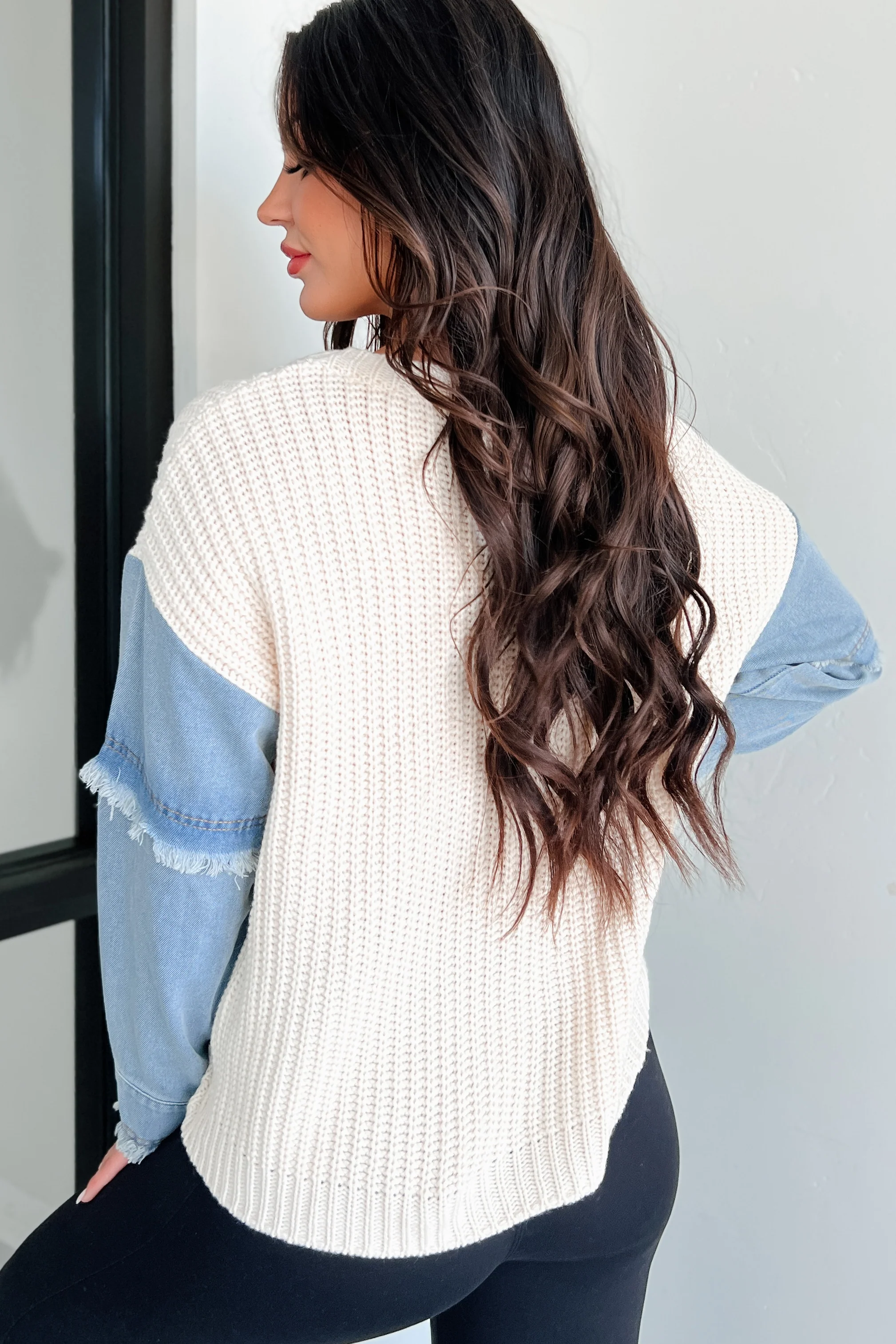 New Wave Fashion Denim Sleeve Sweater (Natural/Denim)