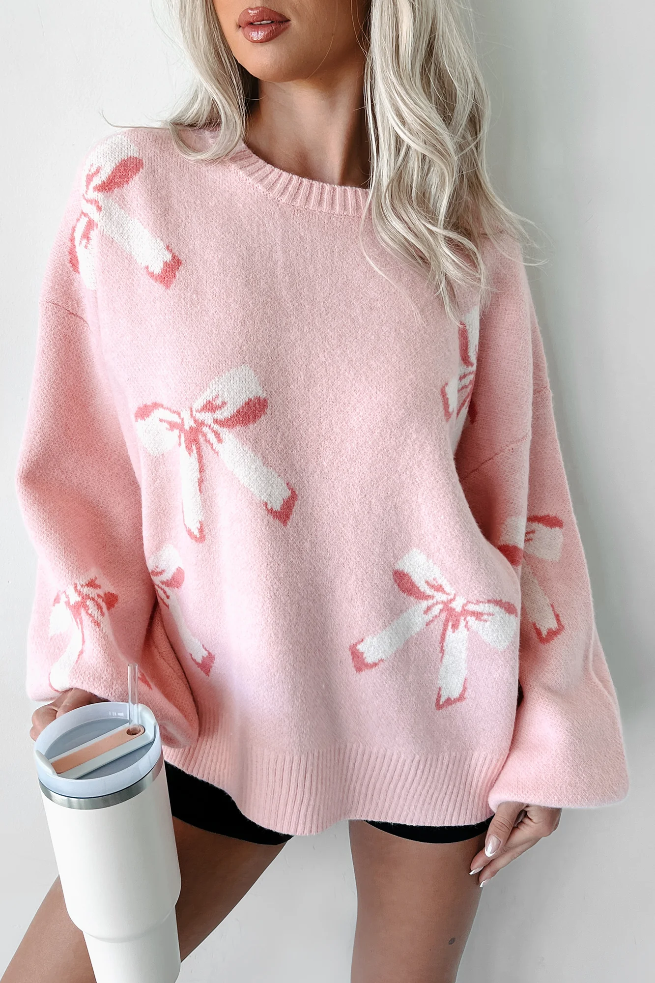 Cherished Moment Bow Print Sweater (Light Pink)
