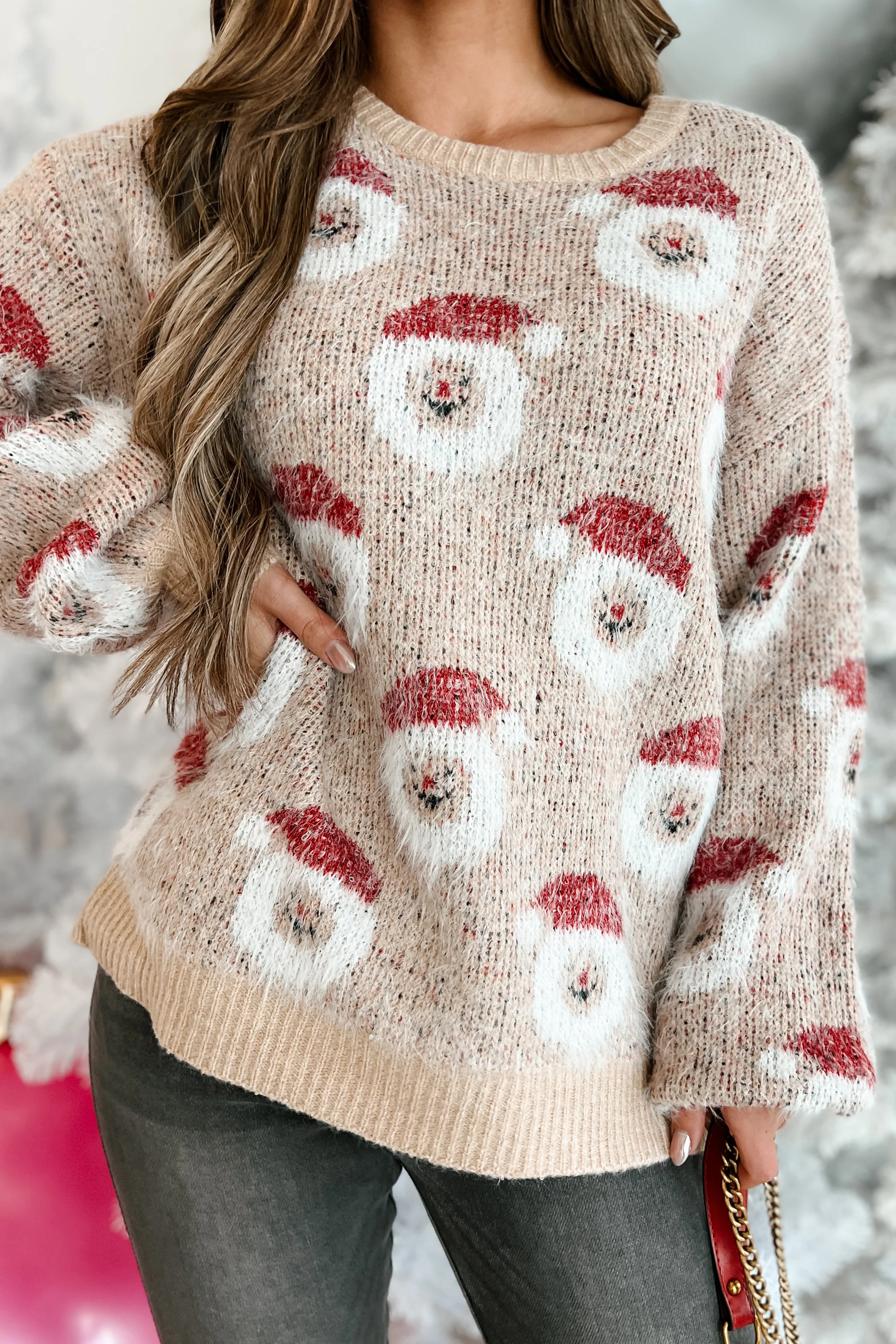 Man With The Hat Fuzzy Santa Pattern Sweater (Oatmeal)