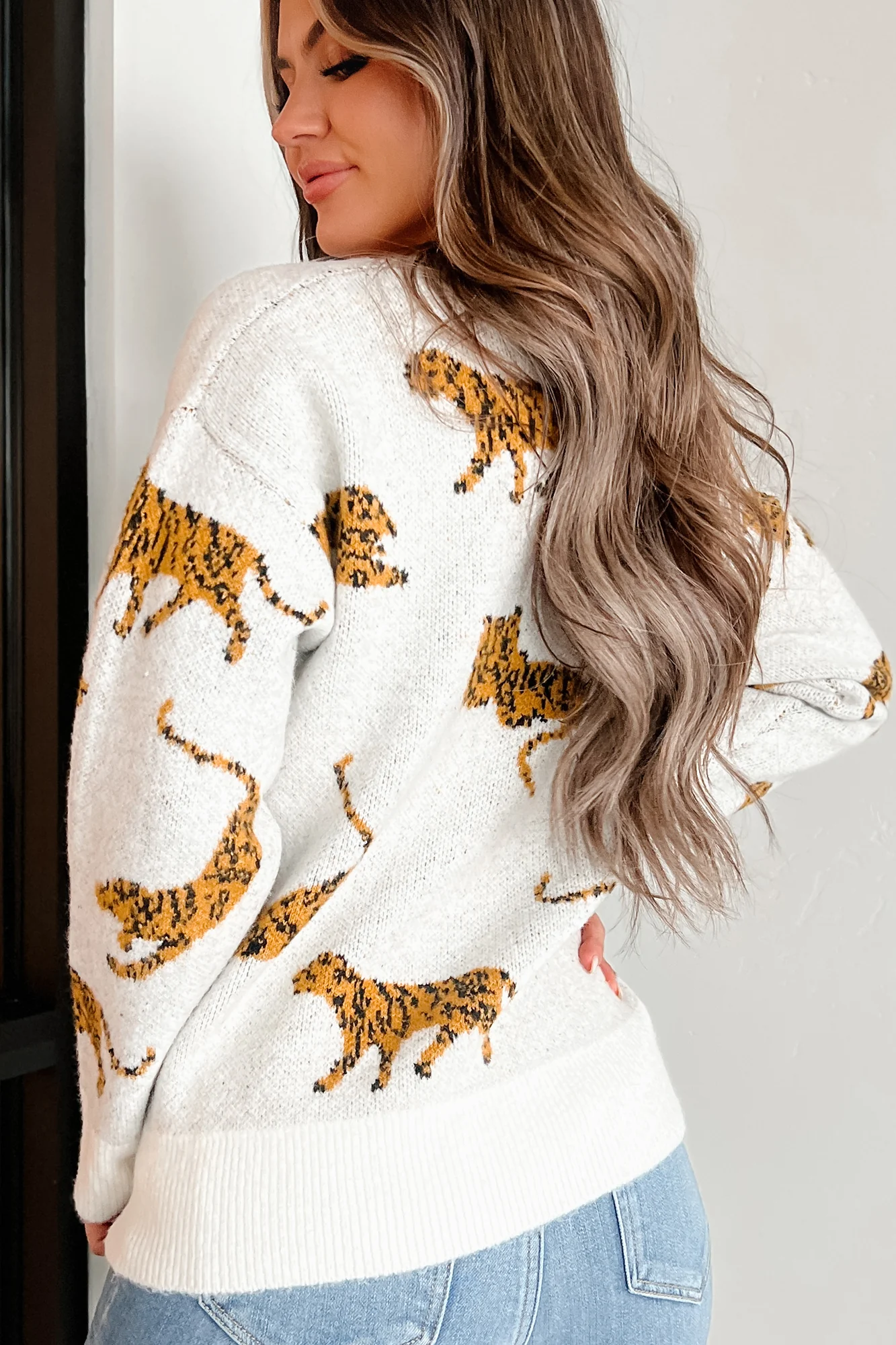 Bad Cattitude Tiger Print Sweater (Ivory)