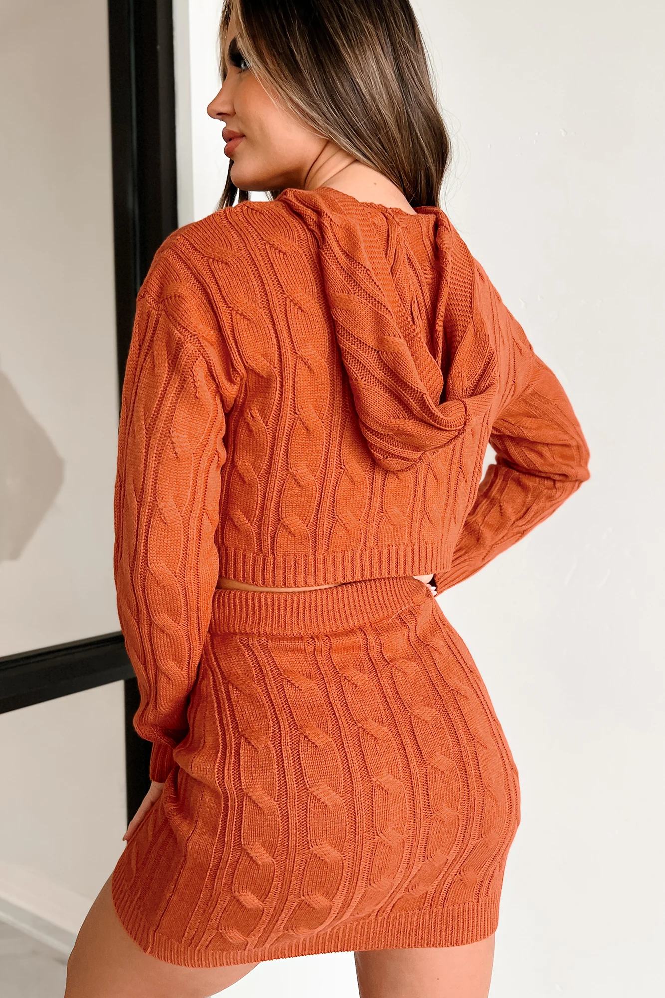 Playing It Cozy Cable Knit Two-Piece Skirt Set (Rust)