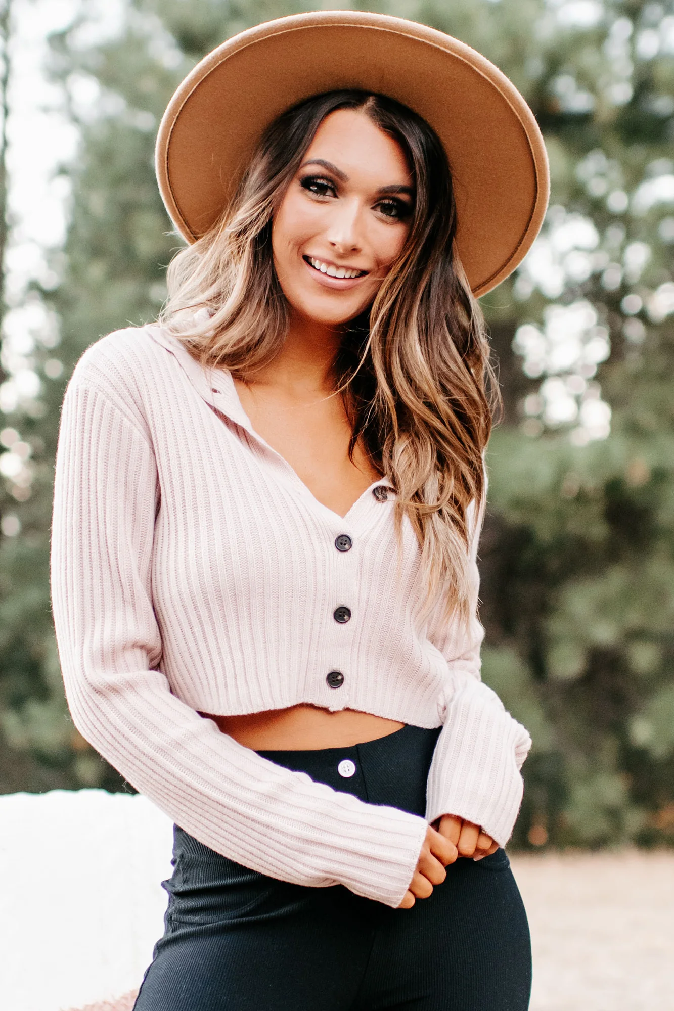 Ester Button-Up Cropped Sweater (Blush)