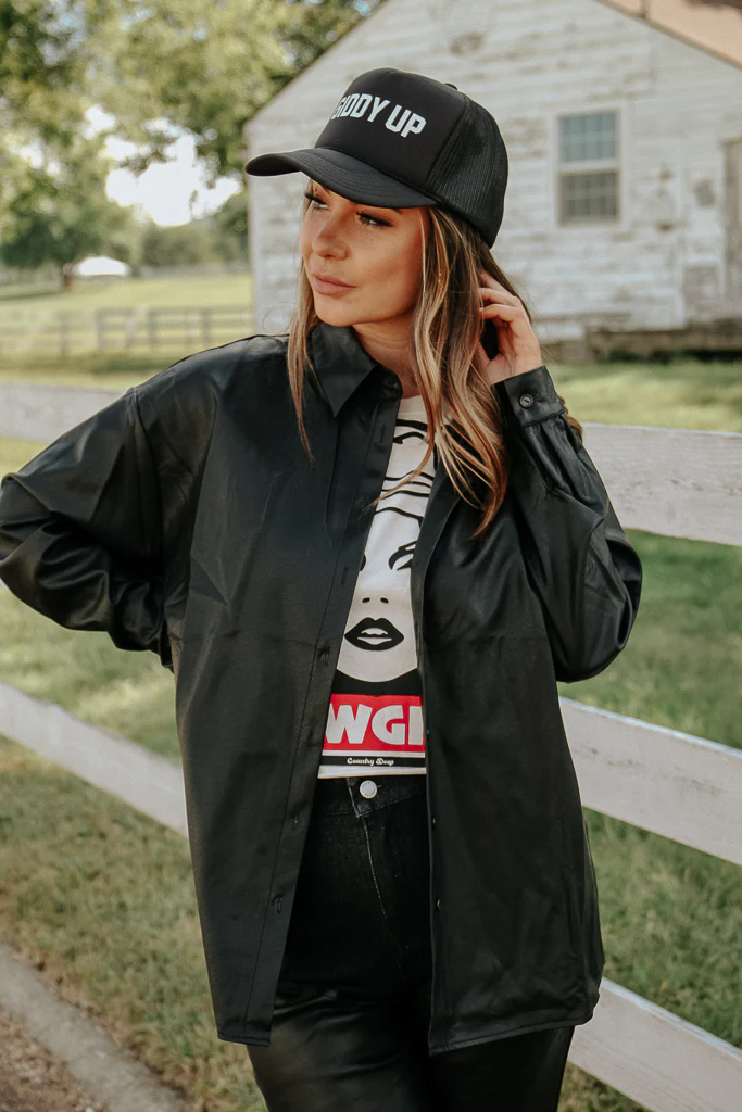 Fallon Faux Leather Shacket - Black