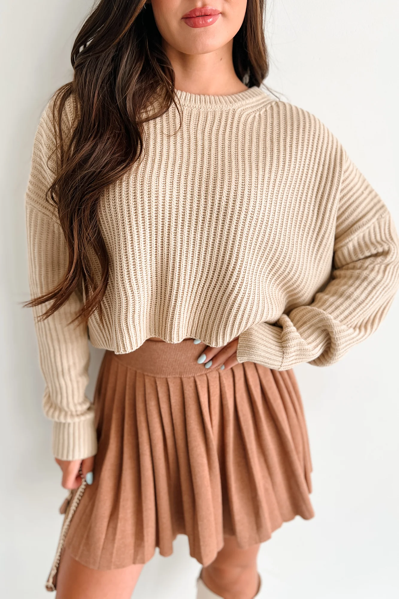 Coziest Memories Crewneck Crop Sweater (Taupe)