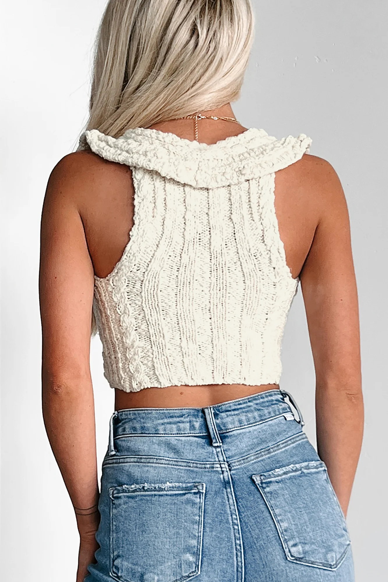 Minding My Business Sweater Knit Buttoned Crop Top (Light Sand)