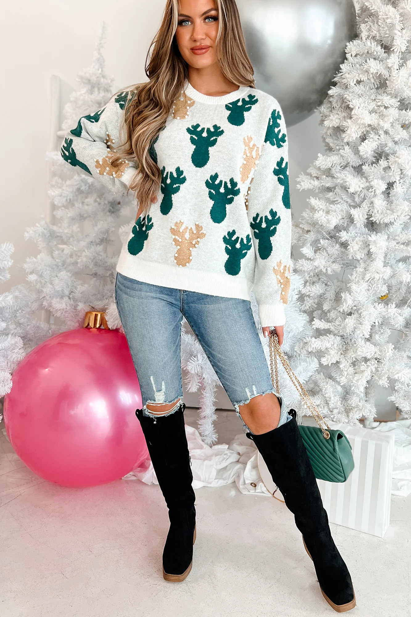 Sleighing The Game Pearl Beaded Holiday Sweater (Ivory/Hunter)