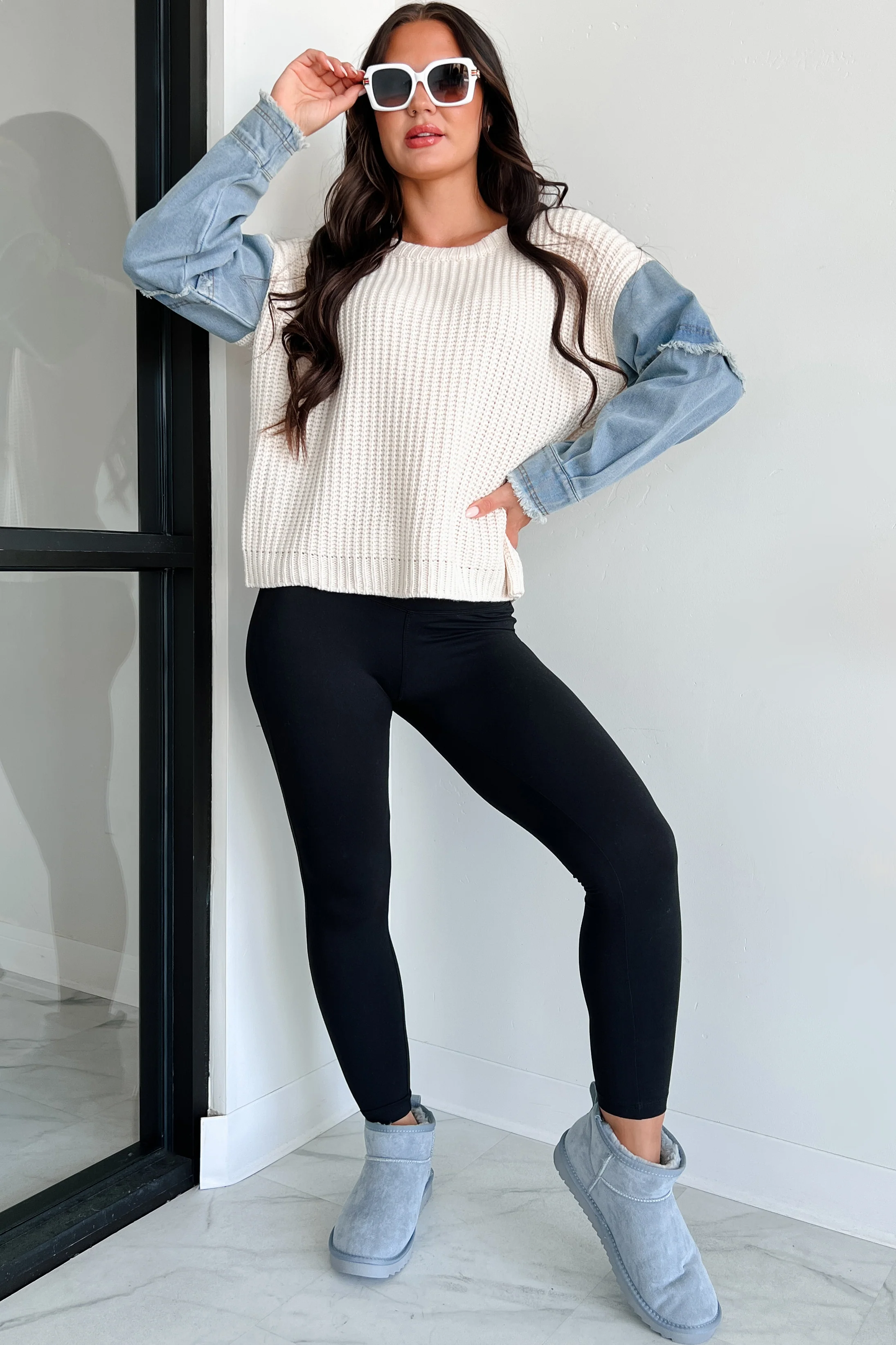 New Wave Fashion Denim Sleeve Sweater (Natural/Denim)