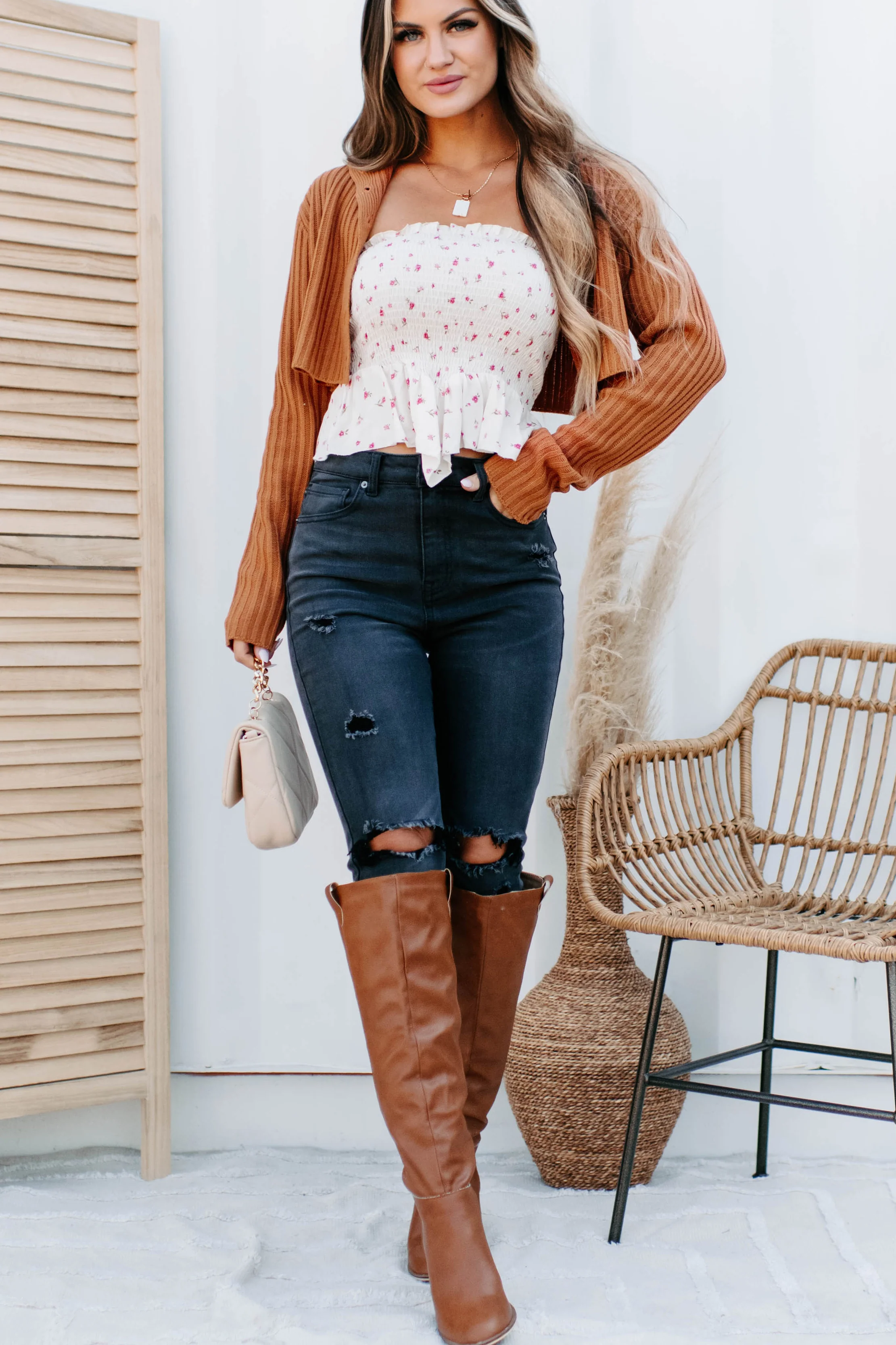 Ester Button-Up Cropped Sweater (Rust)