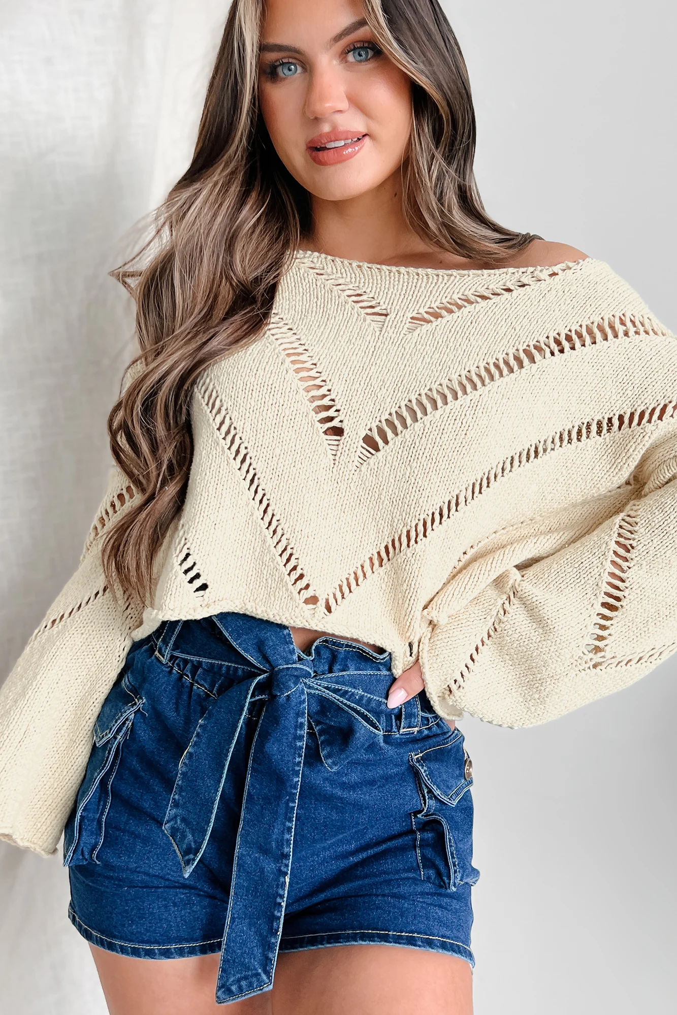 Compliments & Praise Open Knit Crop Sweater (Natural)