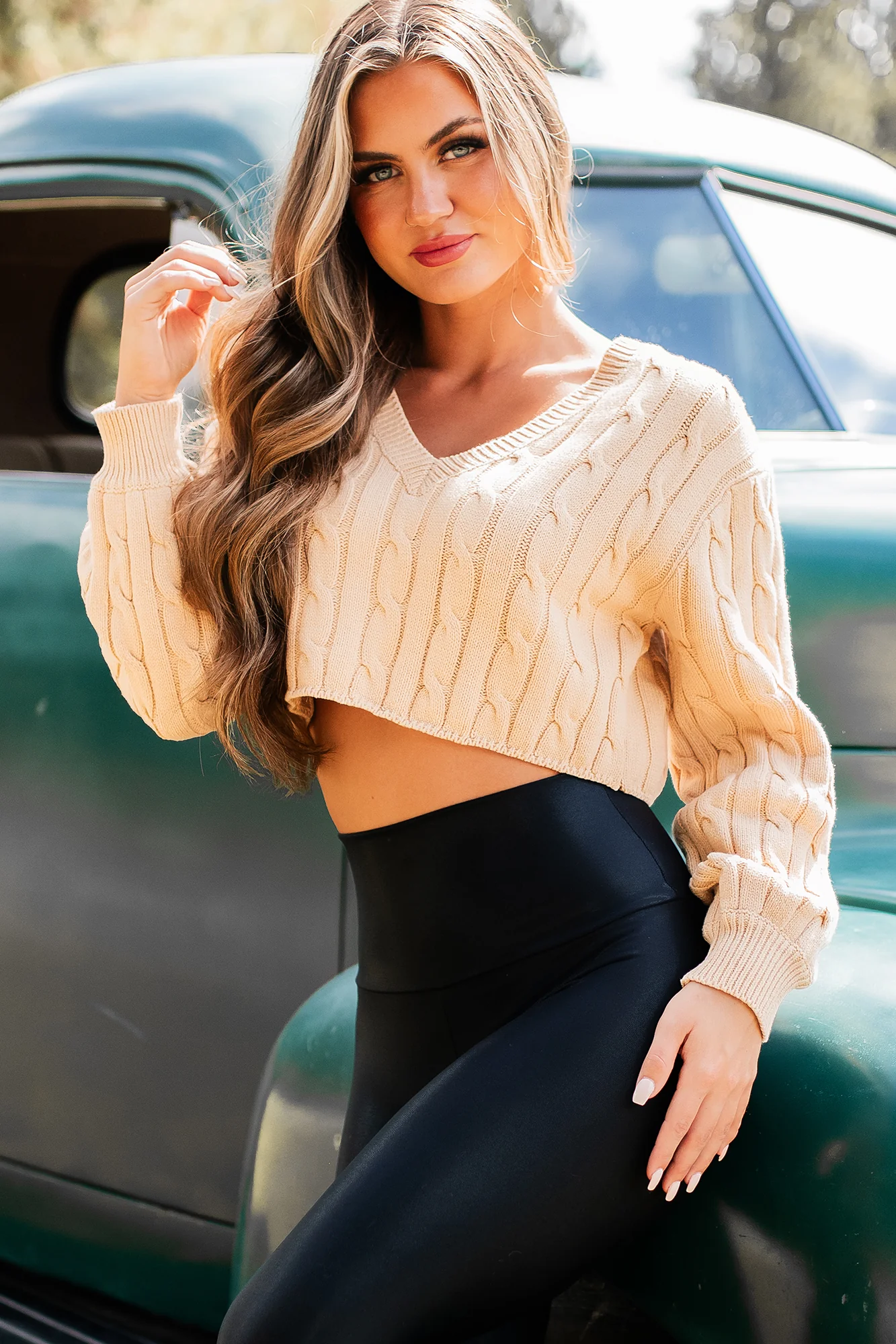 Say What You Want Cropped Cable Knit Sweater (Beige)