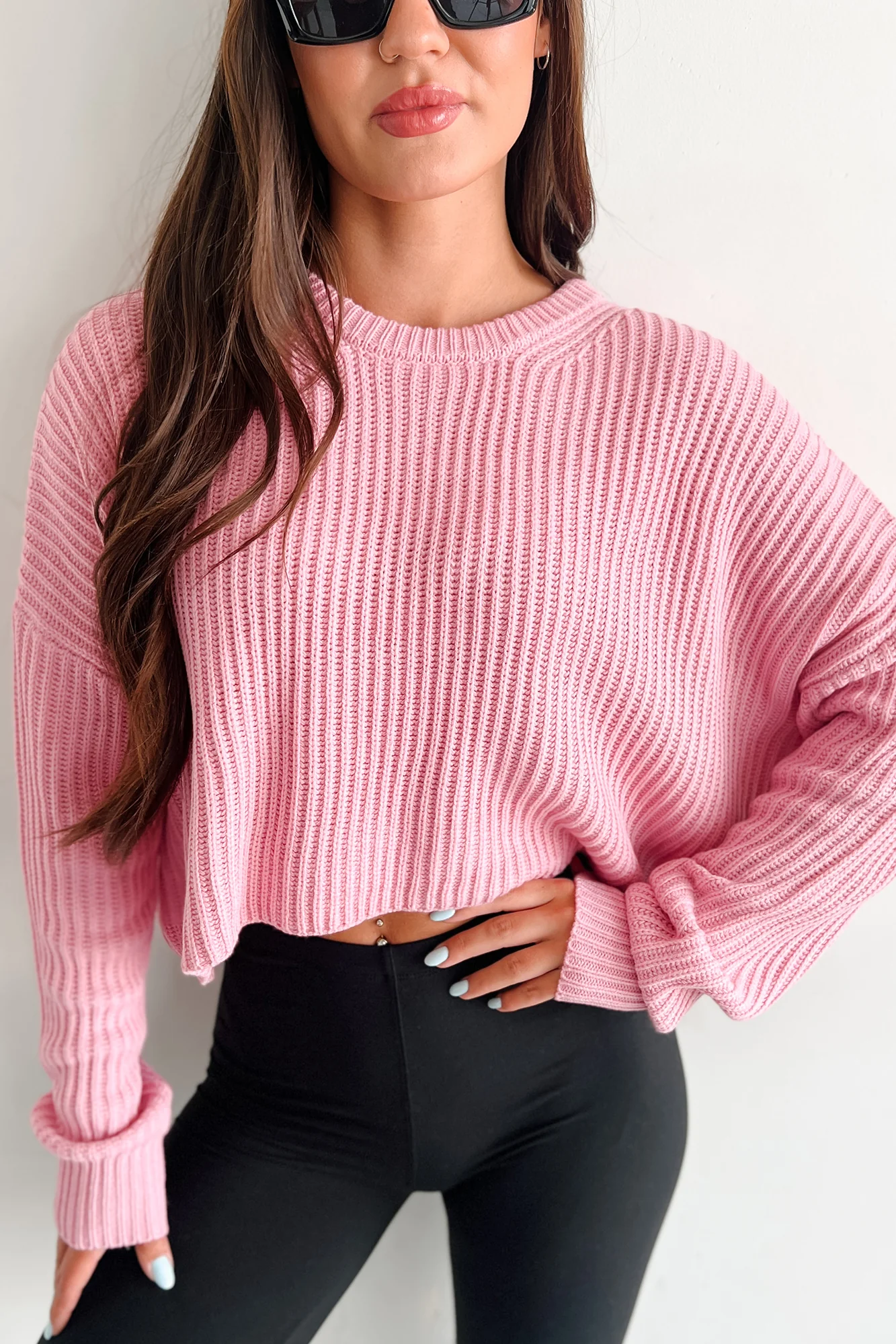 Coziest Memories Crewneck Crop Sweater (Rose Pink)