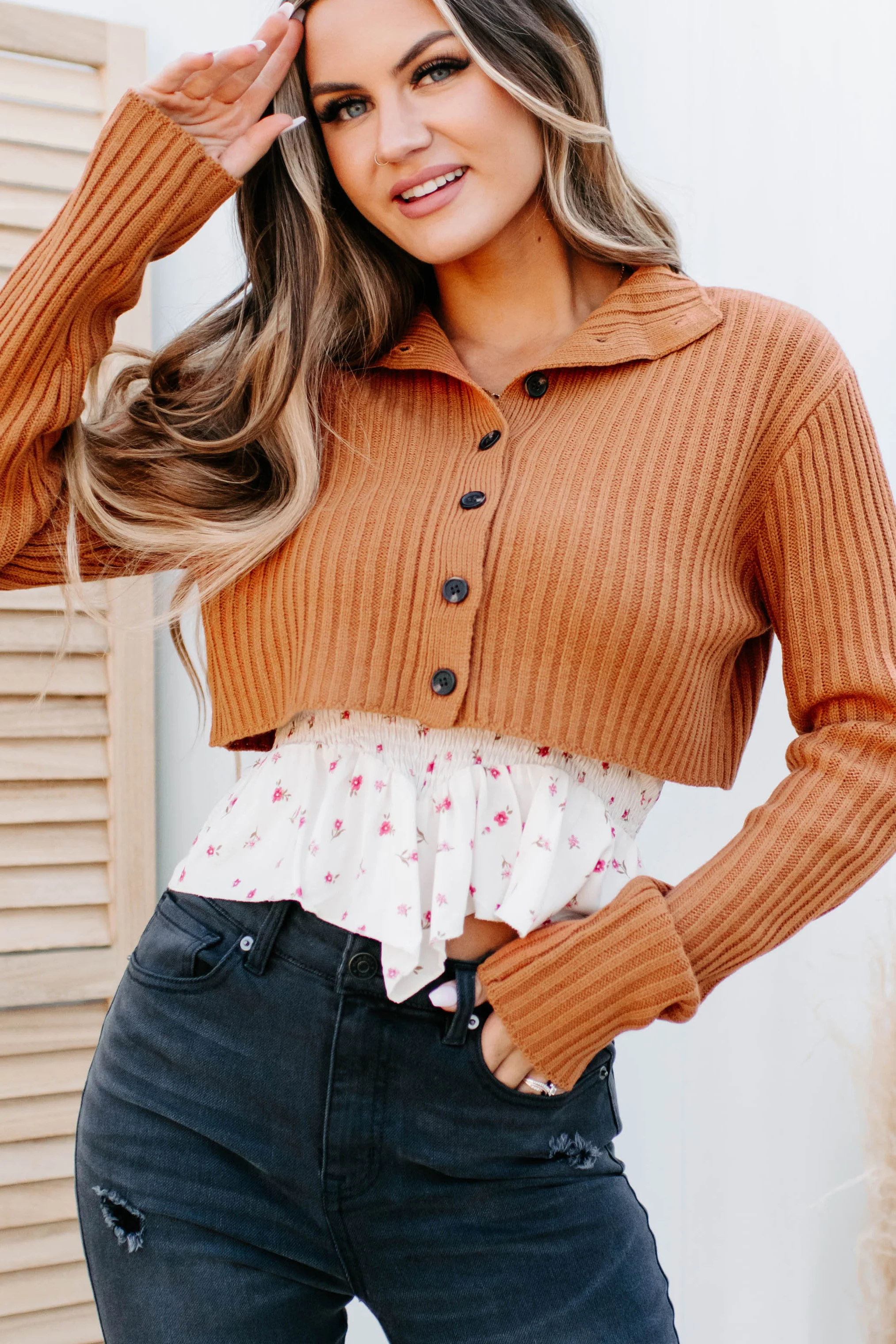 Ester Button-Up Cropped Sweater (Rust)